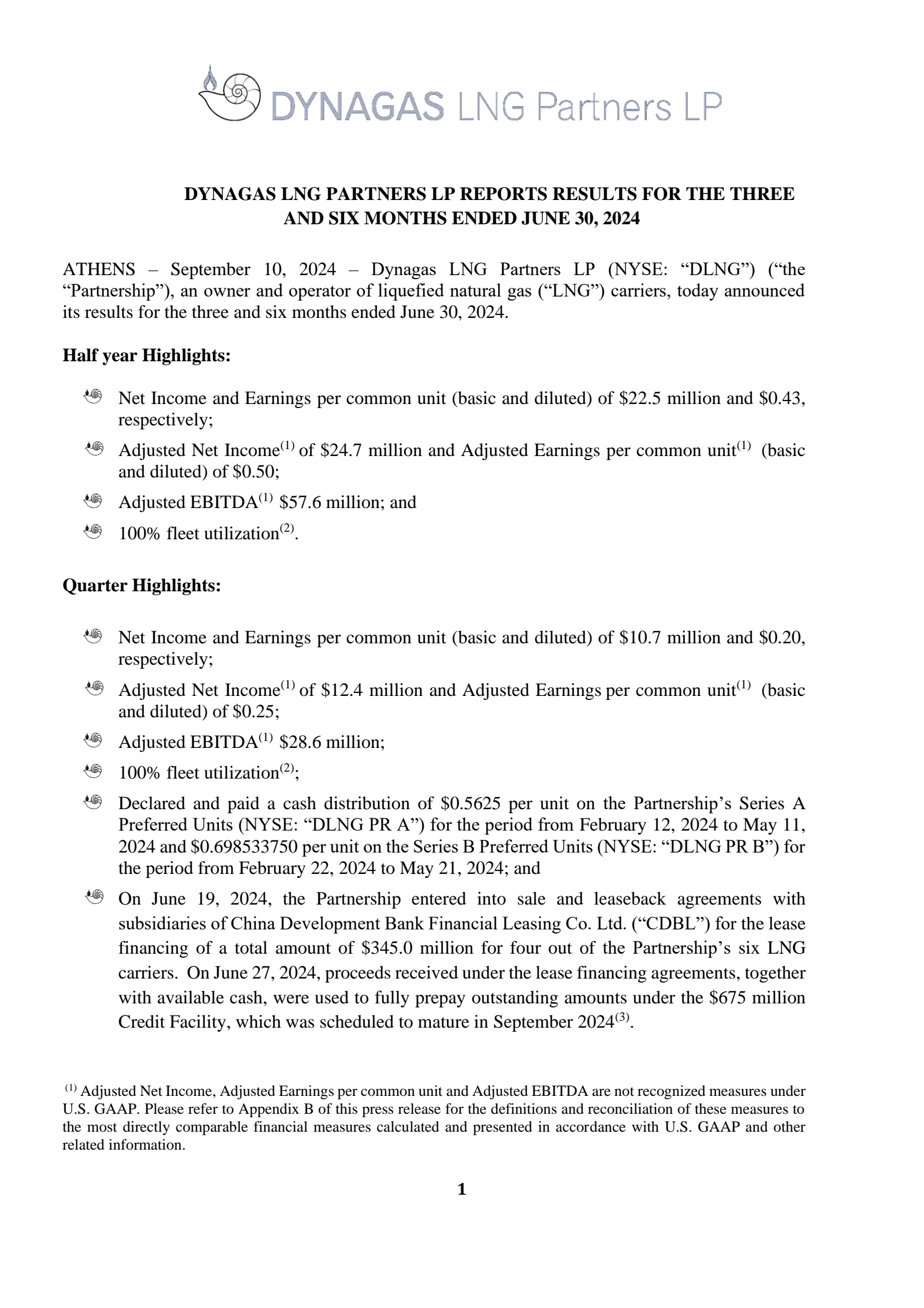 Dynagas LNG Partners' Q2 2024 Press Release