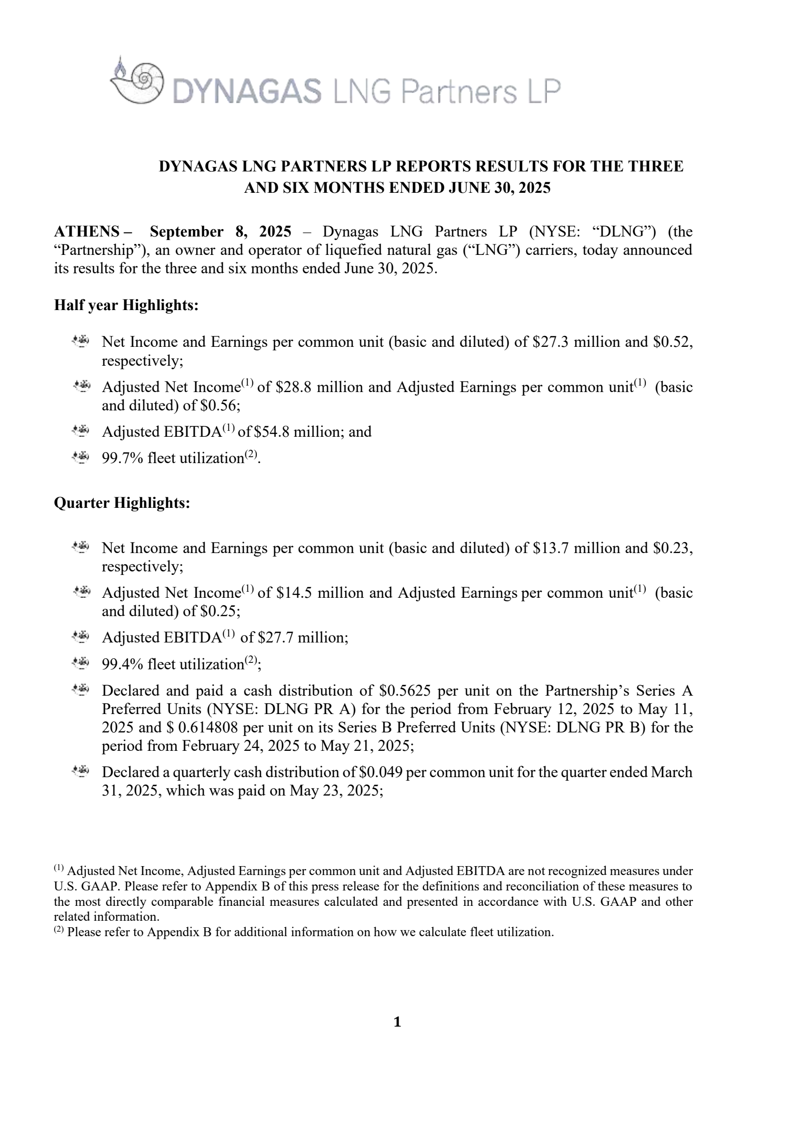Dynagas LNG Partners' Q2 2025 Press Release