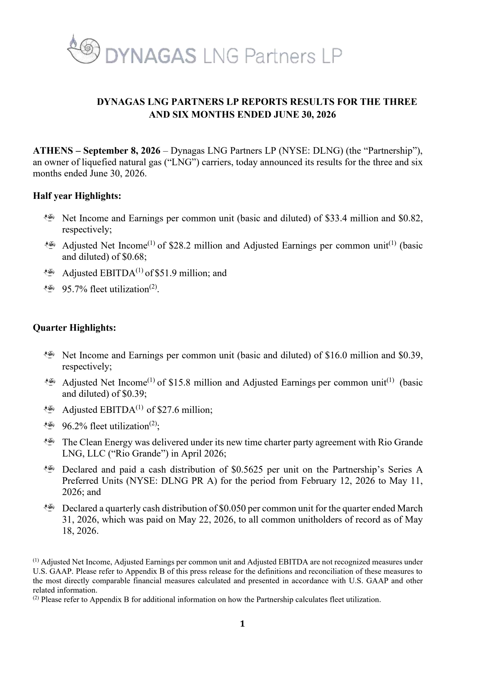Dynagas LNG Partners' Q2 2026 Press Release