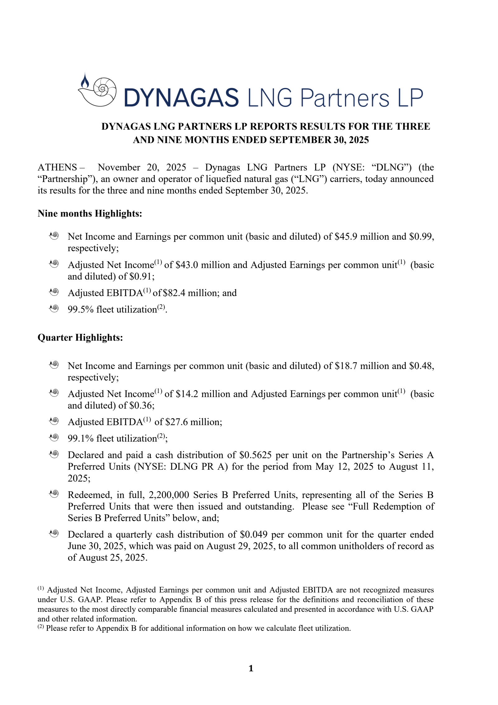 Dynagas LNG Partners' Q3 2025 Earnings Release