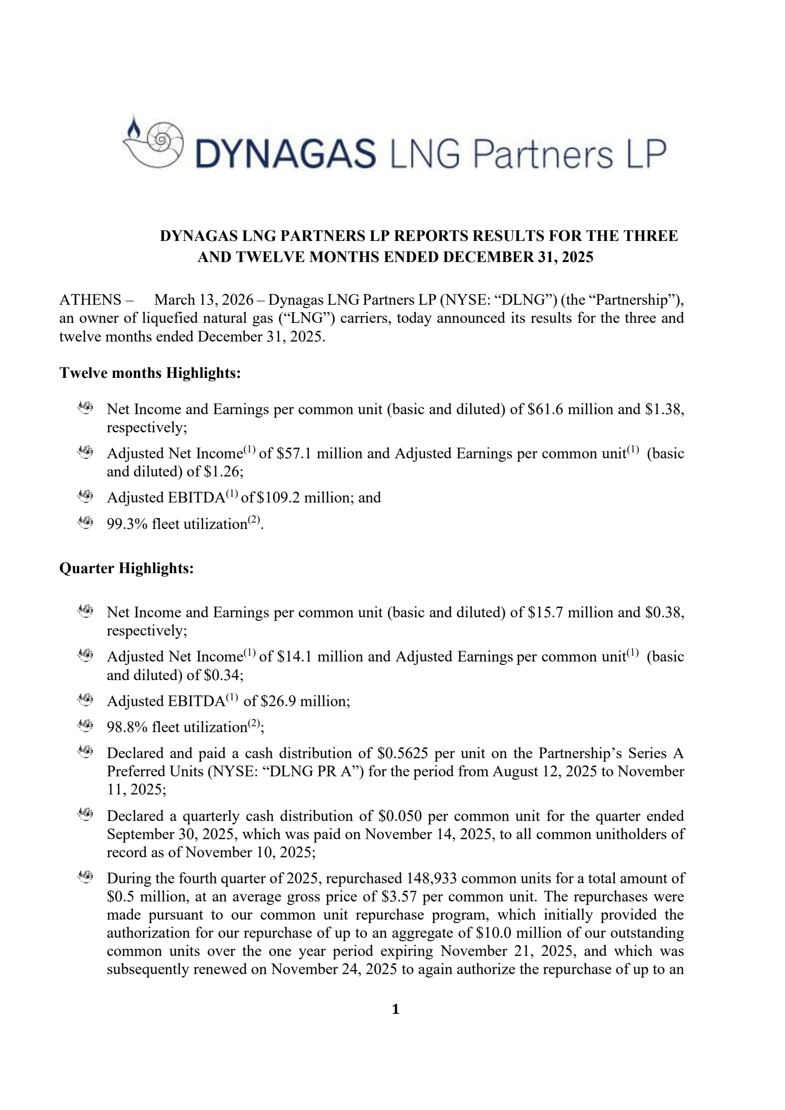 Dynagas LNG Partners' Q4 2025 Press Release