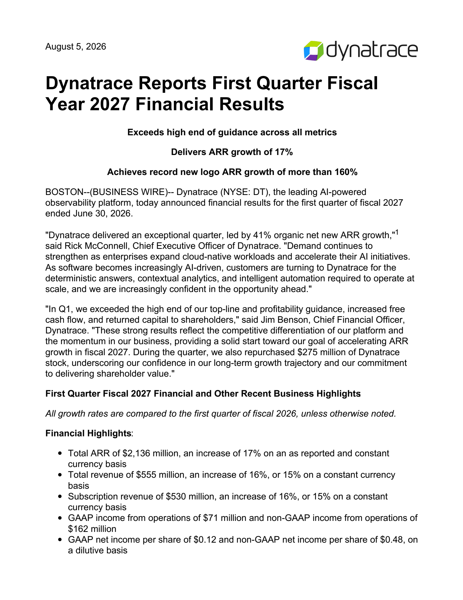 Dynatrace's Q1 2027 Press Release