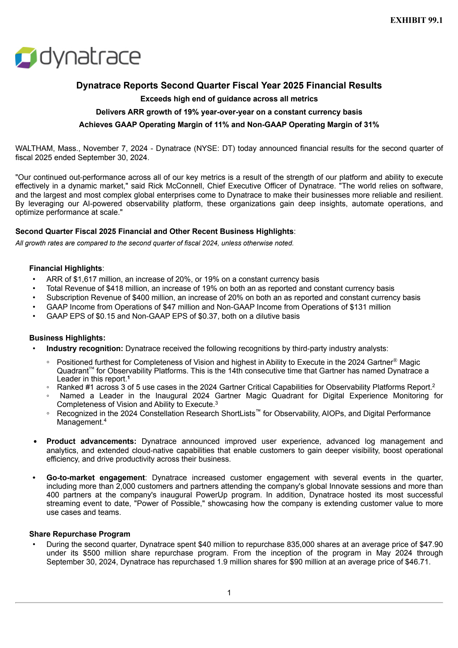 Dynatrace's Q2 2025 Press Release