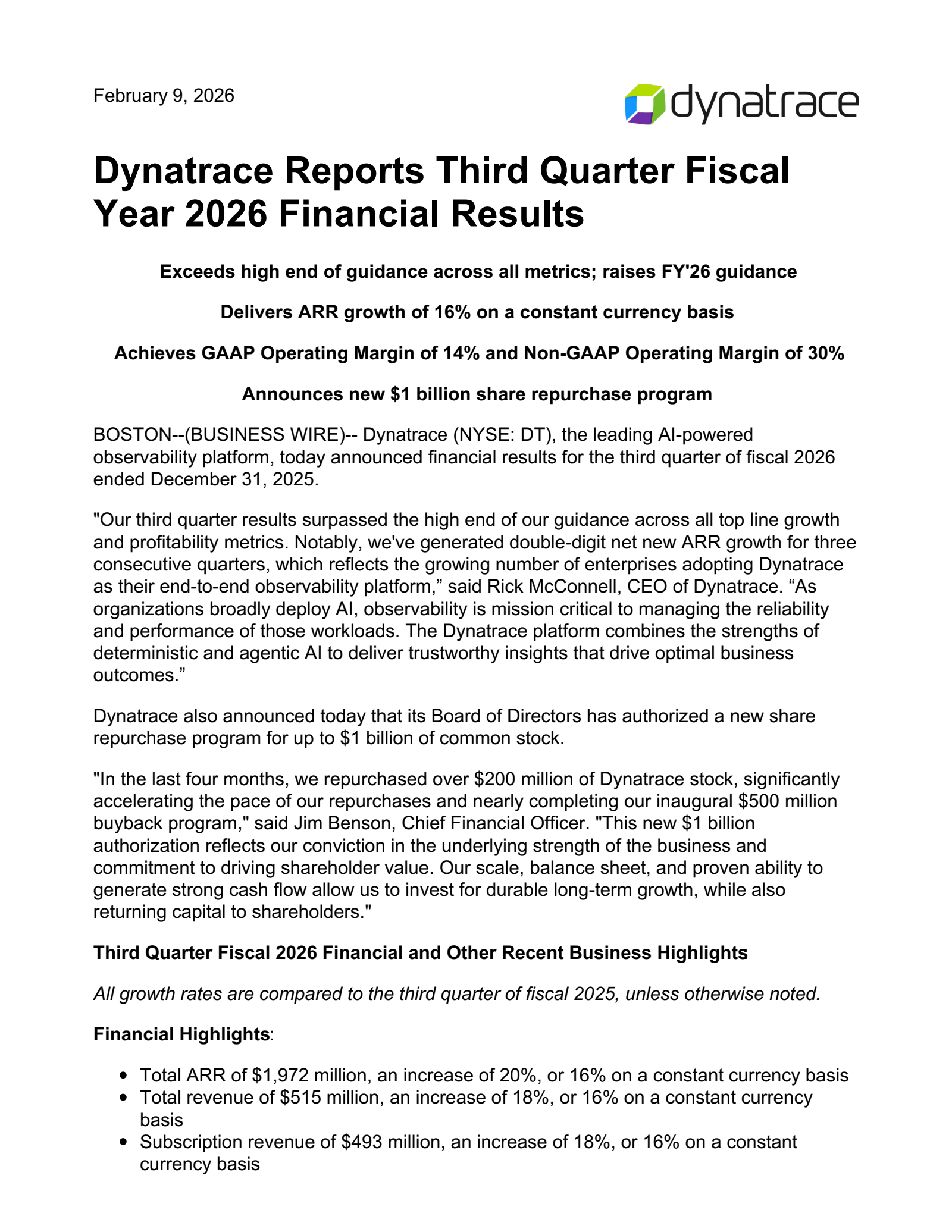 Dynatrace's Q3 2026 Press Release