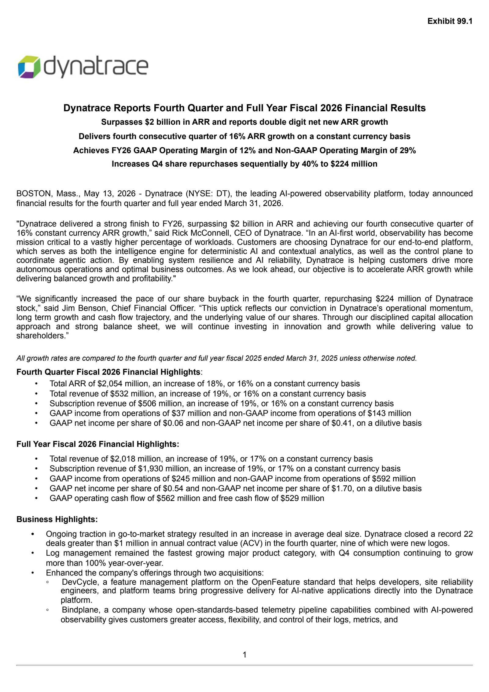Dynatrace's Q4 2026 Press Release