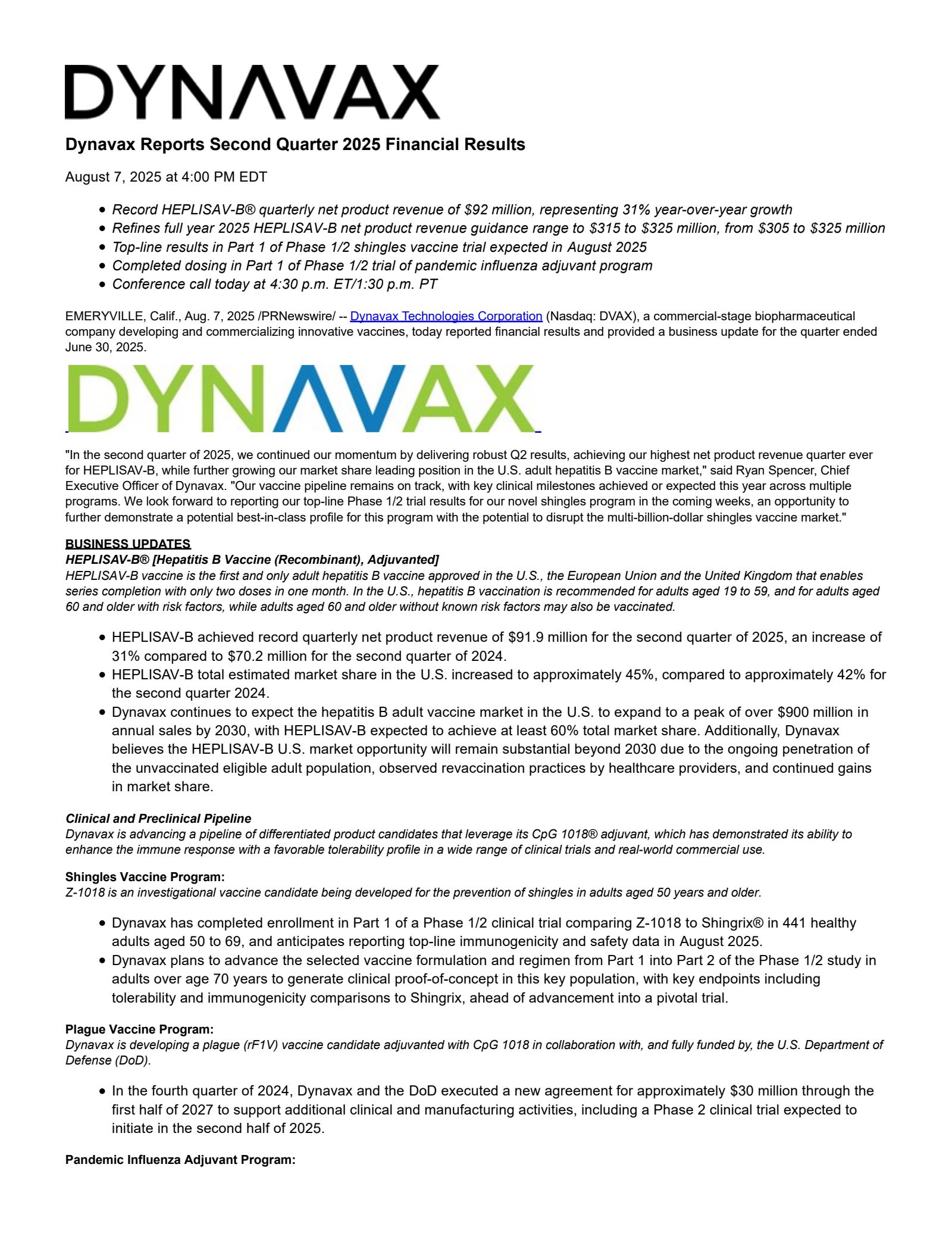 Dynavax Technologies' Q2 2025 Press Release