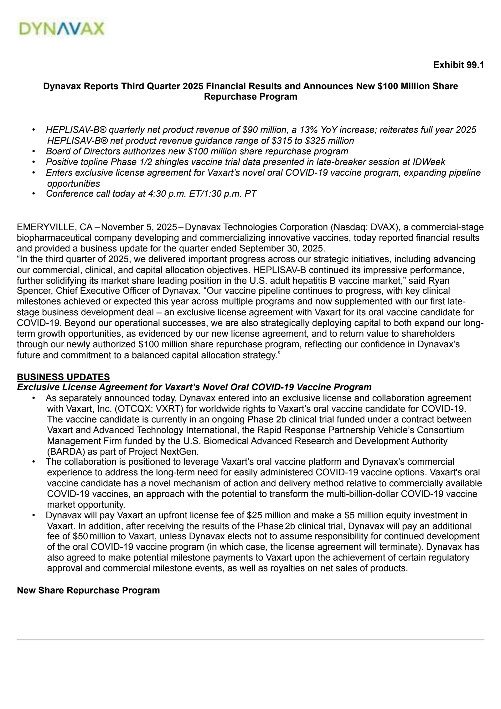 Dynavax Technologies' Q3 2025 Earnings Release