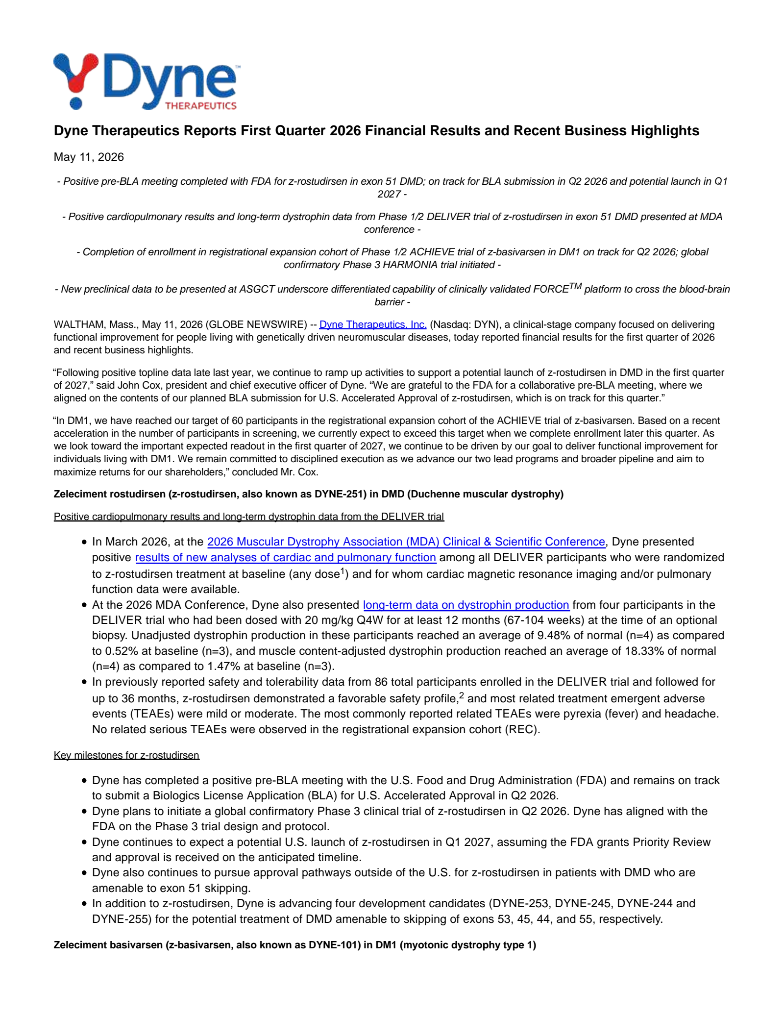 Dyne Therapeutics' Q1 2026 Press Release