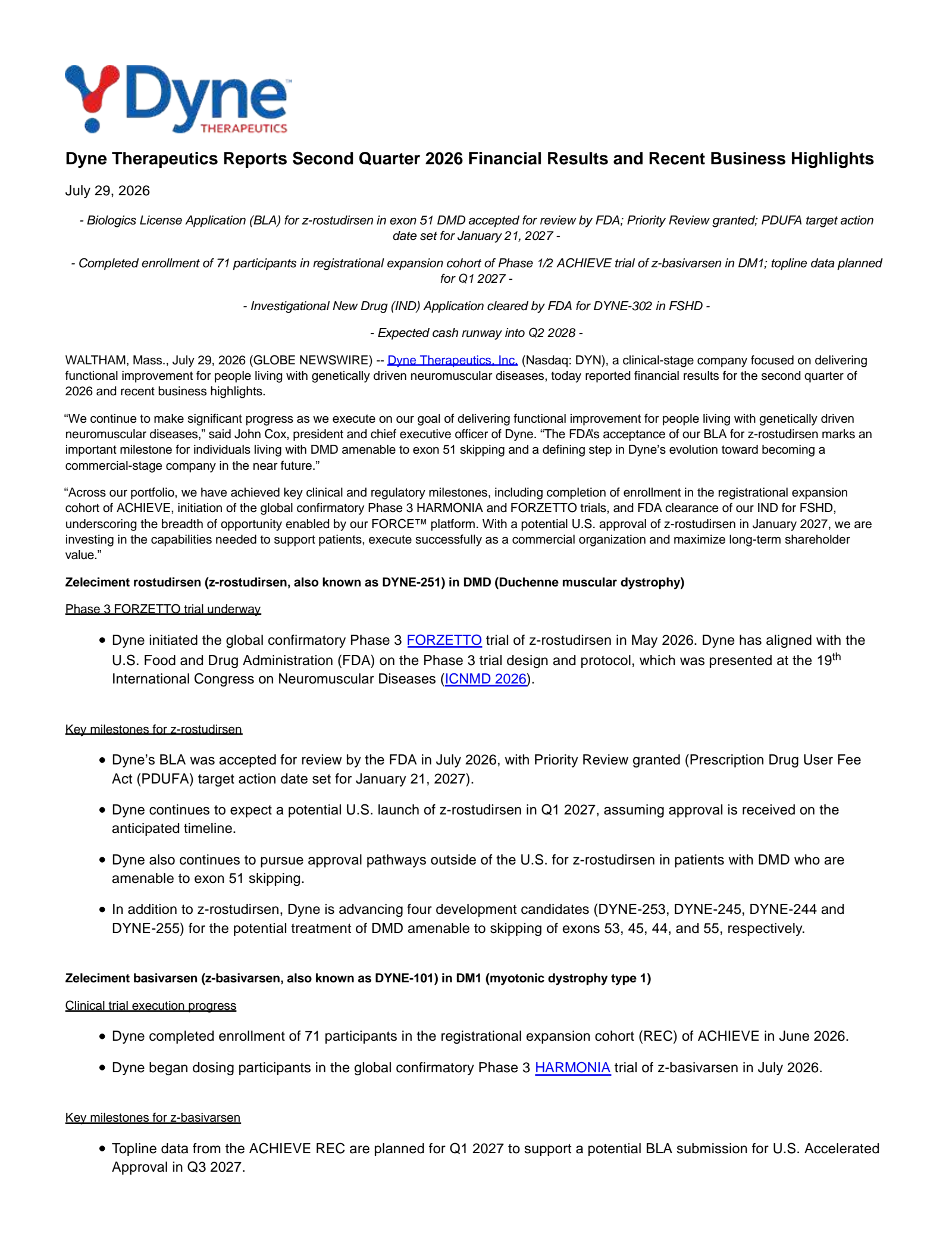 Dyne Therapeutics' Q2 2026 Press Release