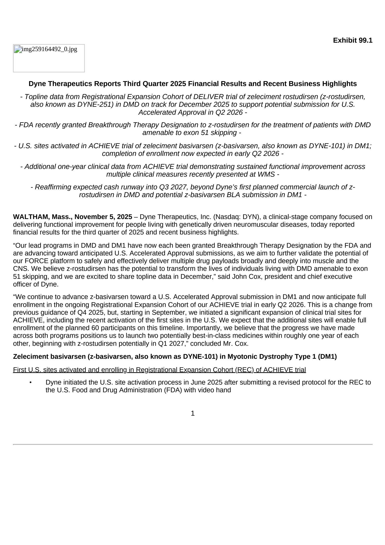 Dyne Therapeutics' Q3 2025 Earnings Release