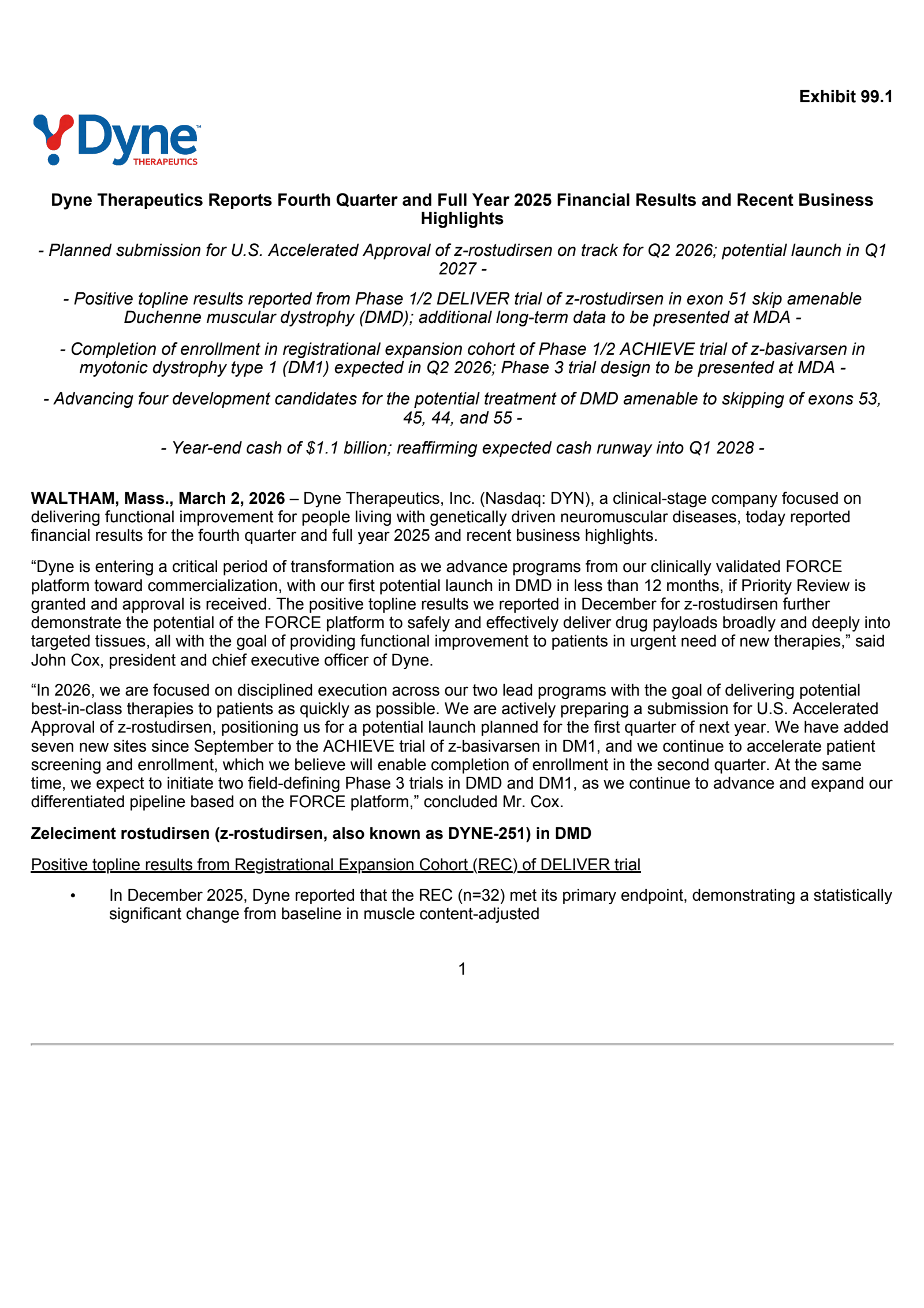 Dyne Therapeutics' Q4 2025 Press Release