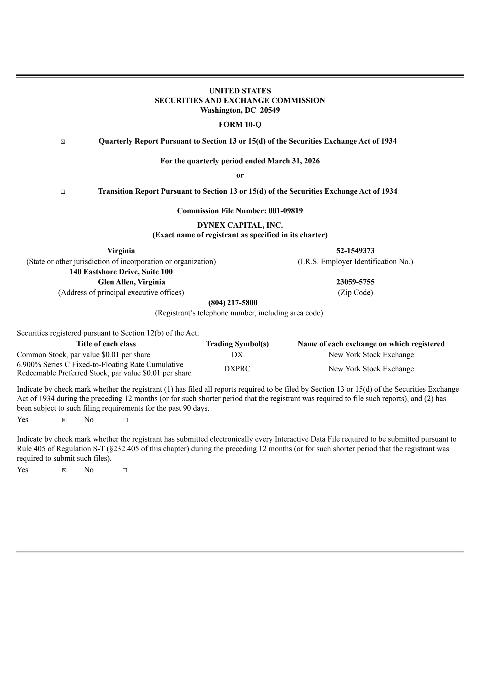 Dynex Capital's Q1 2026 Quarterly report