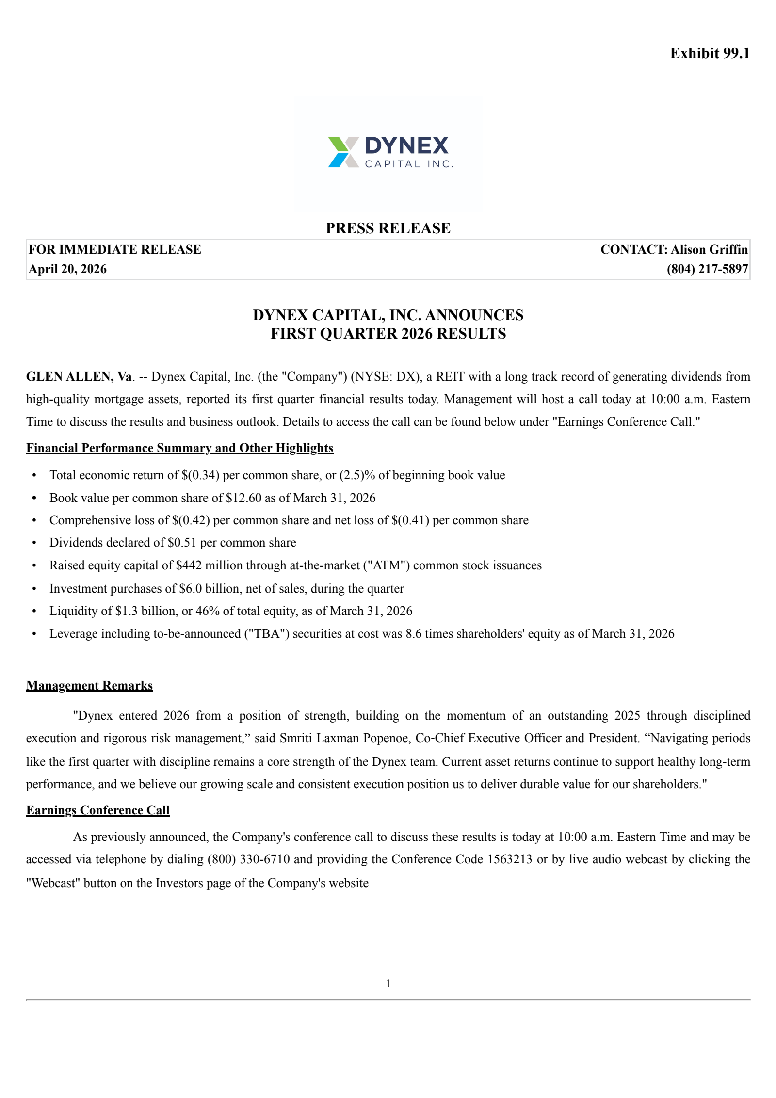 Dynex Capital's Q1 2026 Press Release