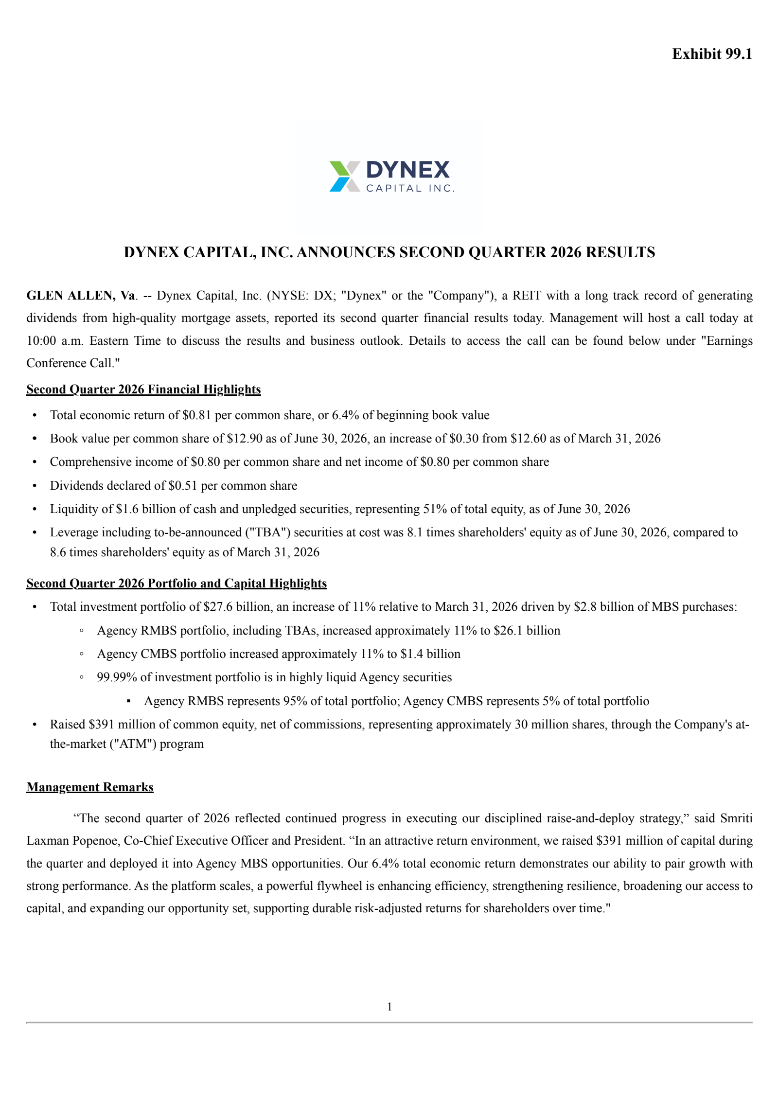 Dynex Capital's Q2 2026 Press Release