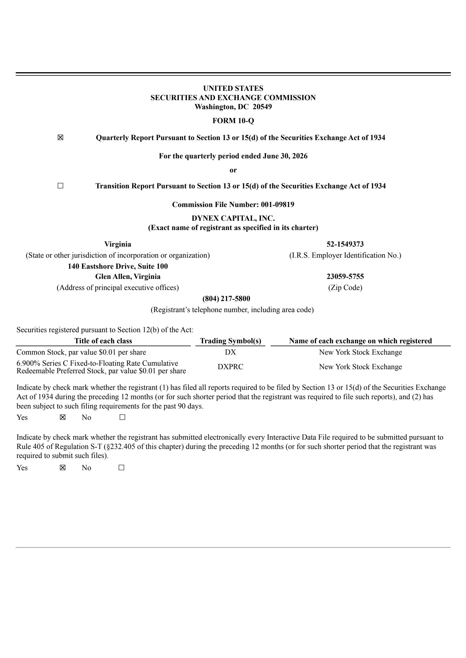 Dynex Capital's Q2 2026 Quarterly report