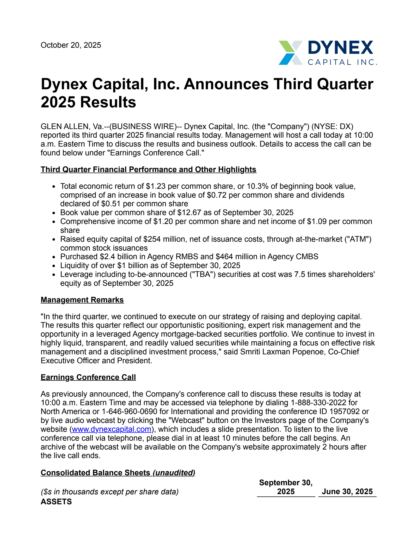 Dynex Capital's Q3 2025 Earnings Release