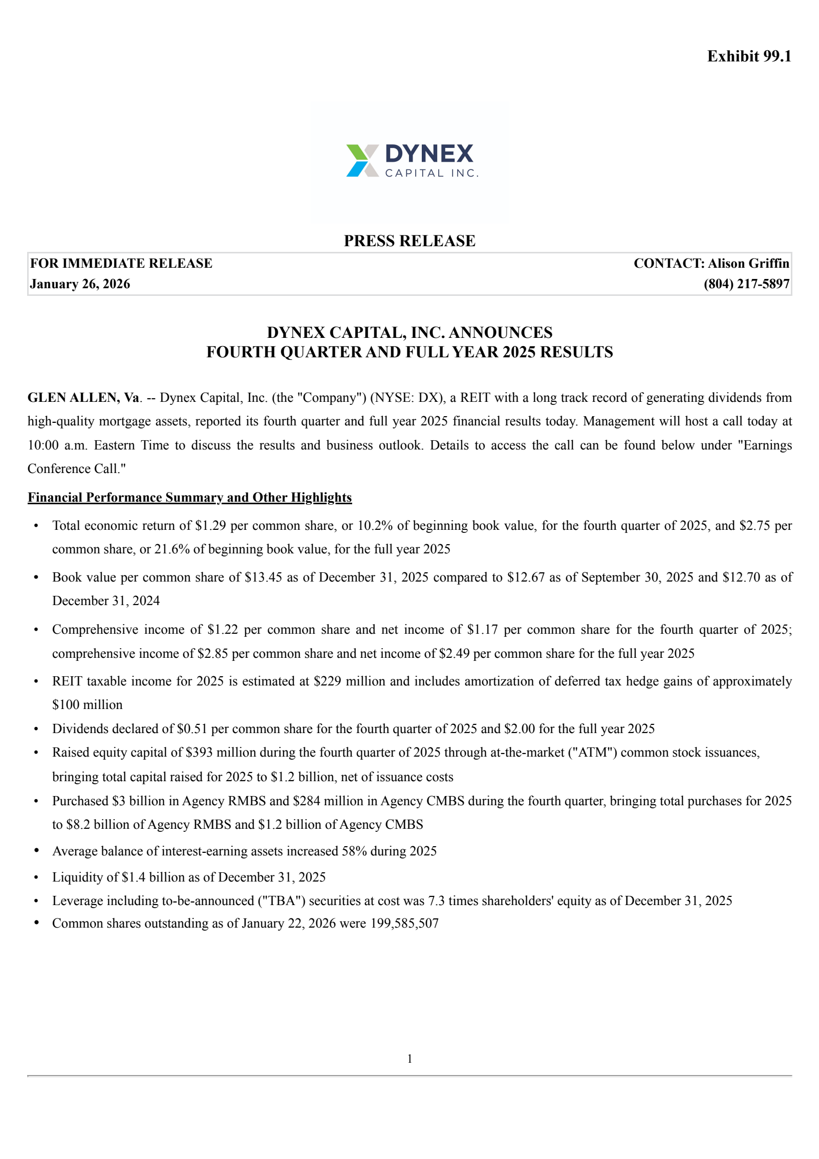 Dynex Capital's Q4 2025 Press Release