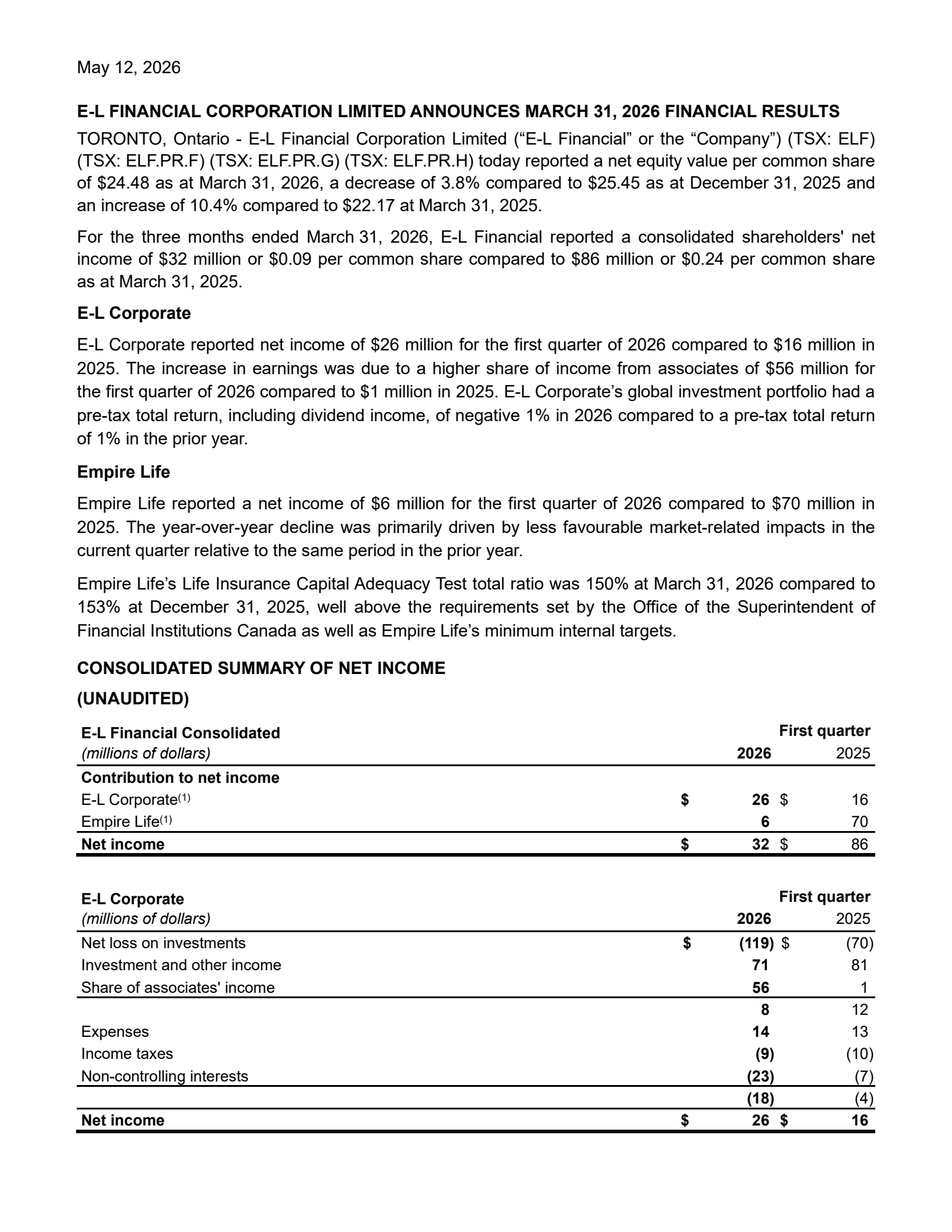 E-L Financial's Q1 2026 Press Release