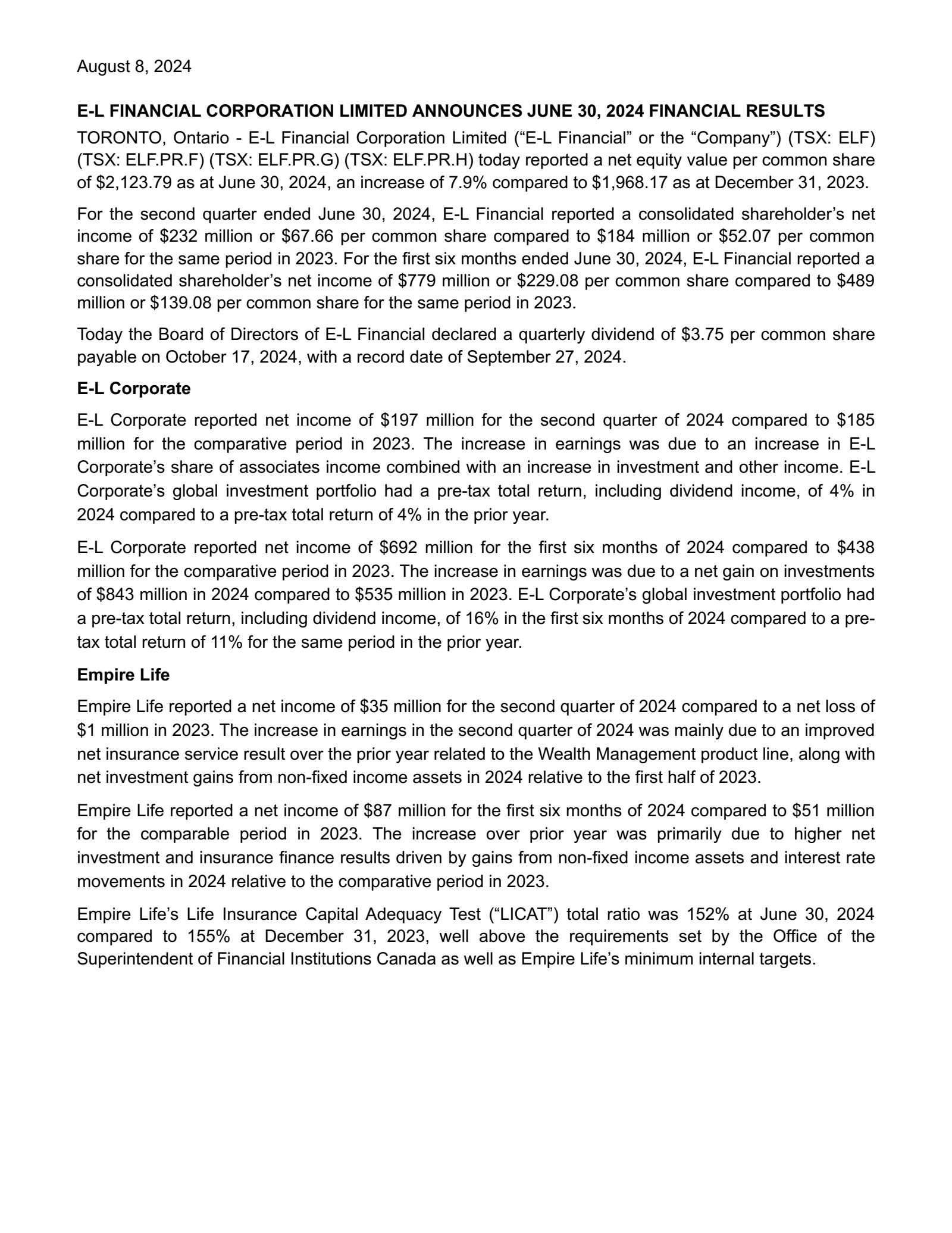E-L Financial's Q2 2024 Press Release