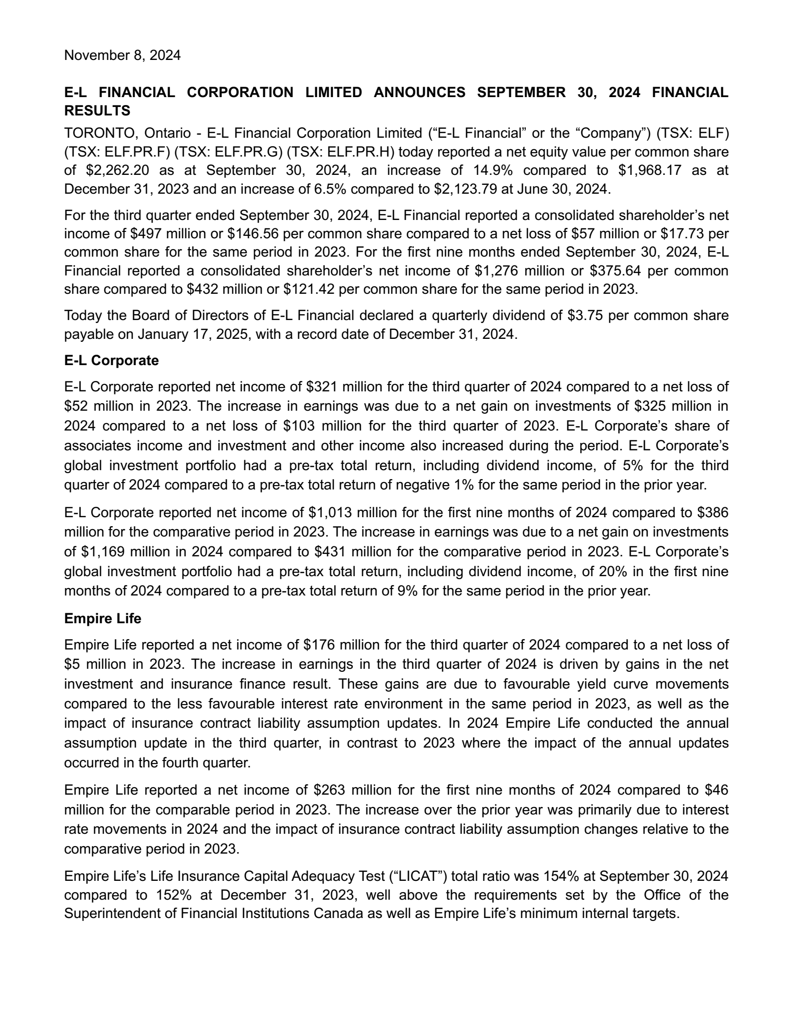 E-L Financial's Q3 2024 Press Release