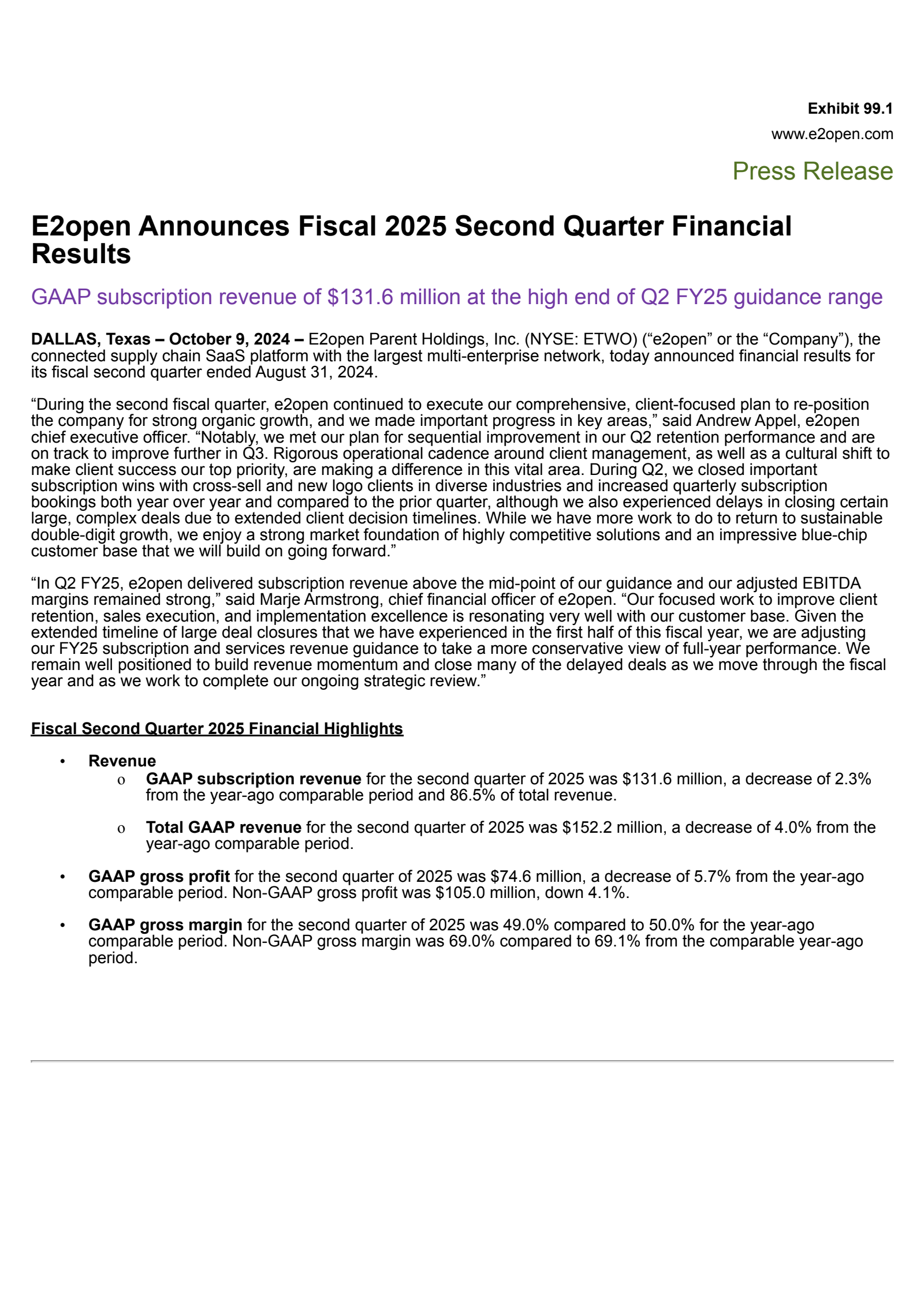 E2open Parent's Q2 2025 Press Release