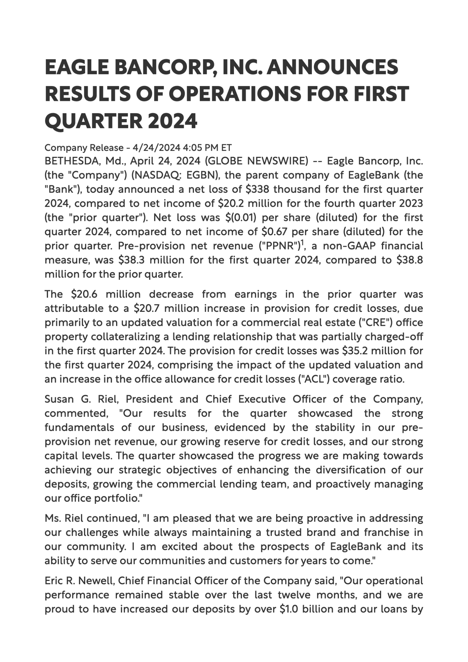Eagle Bancorp's Q1 2024 Press Release