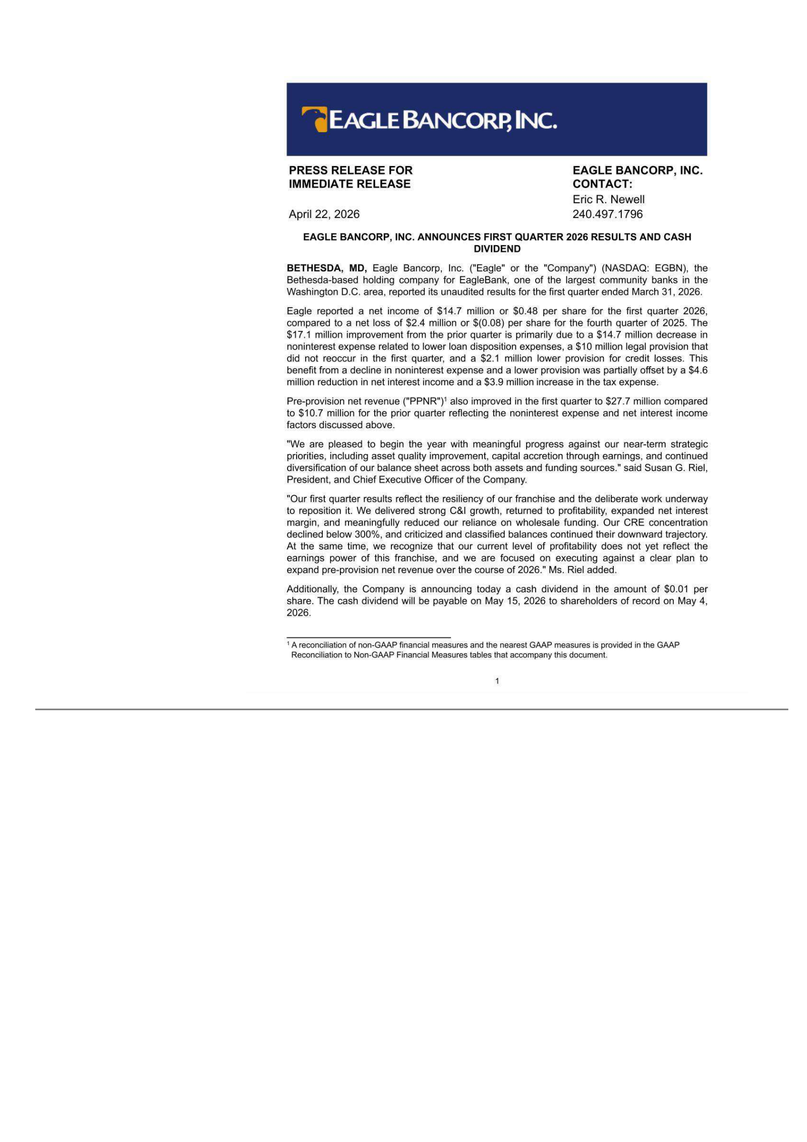 Eagle Bancorp's Q1 2026 Press Release