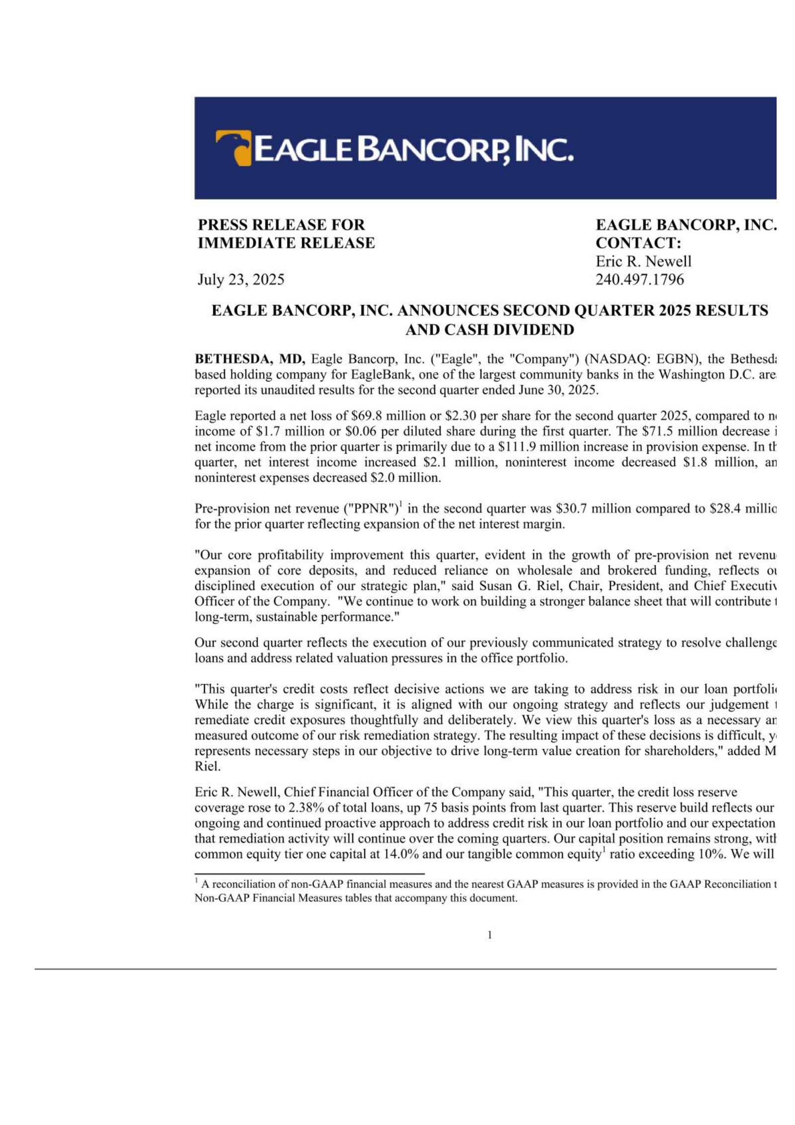 Eagle Bancorp's Q2 2025 Press Release