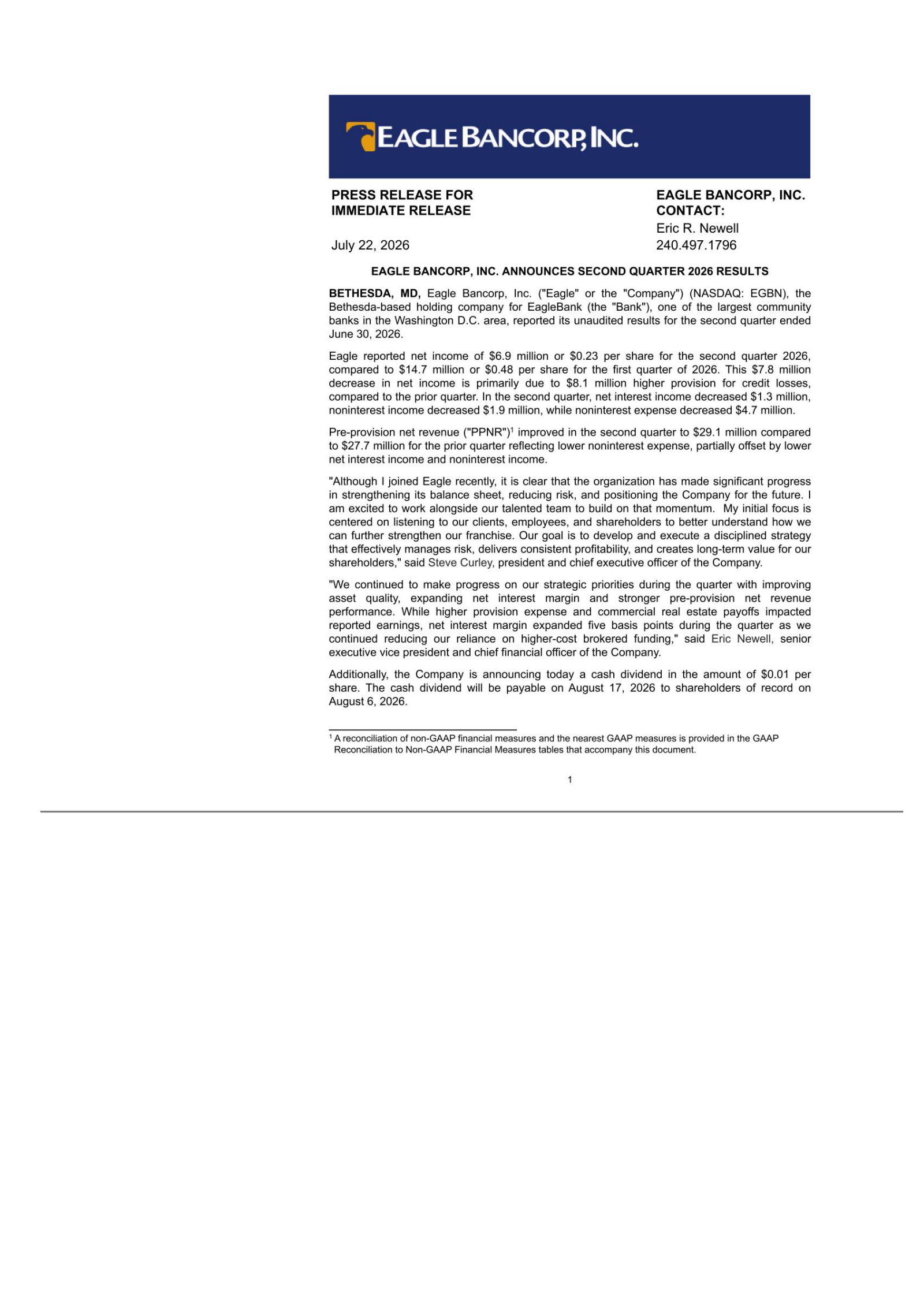 Eagle Bancorp's Q2 2026 Press Release