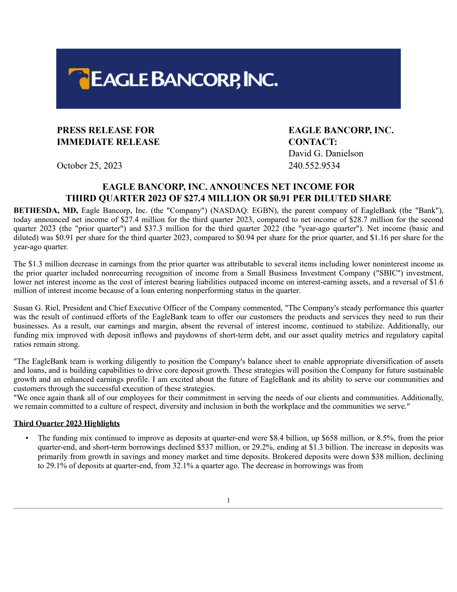Eagle Bancorp's Q3 2023 Press Release