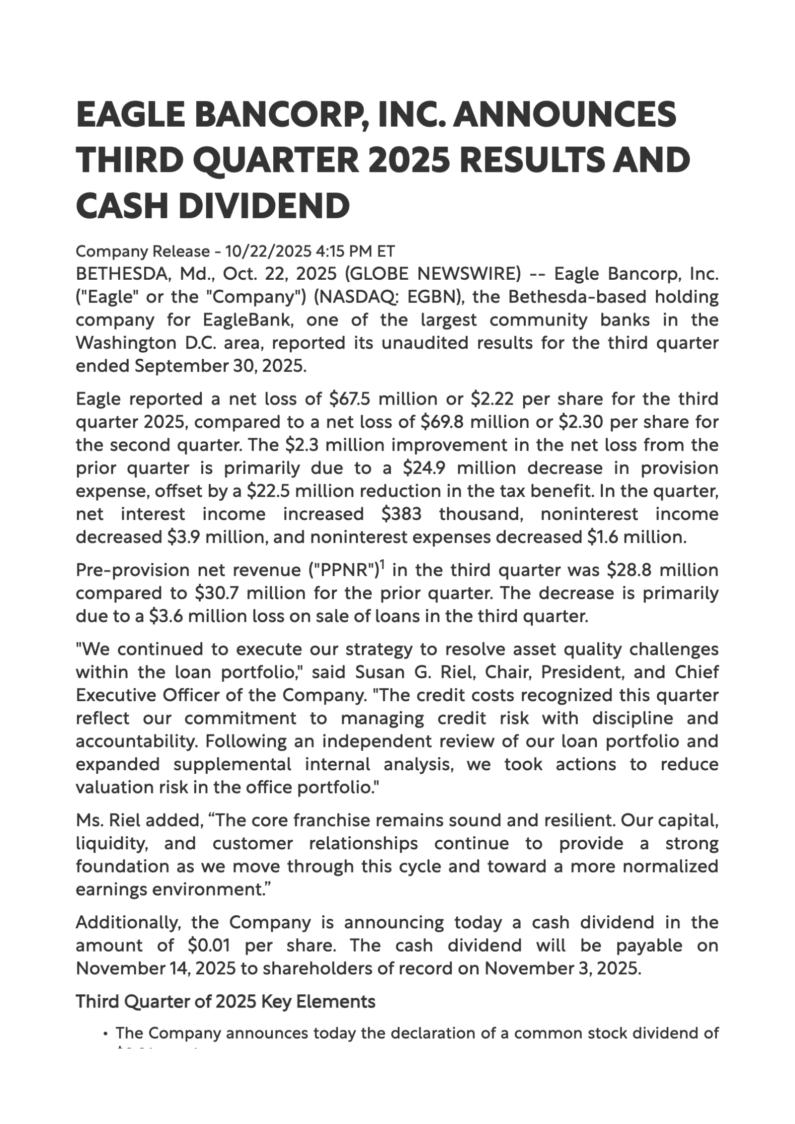 Eagle Bancorp's Q3 2025 Earnings Release