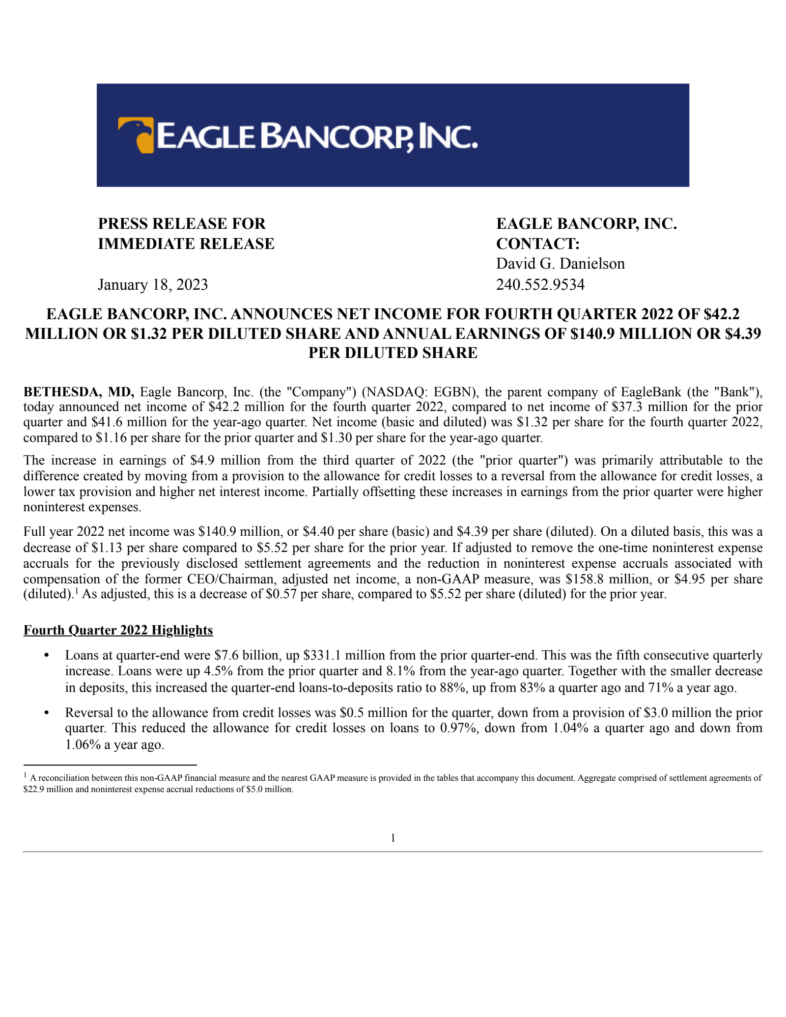 Eagle Bancorp's Q4 2022 Press Release