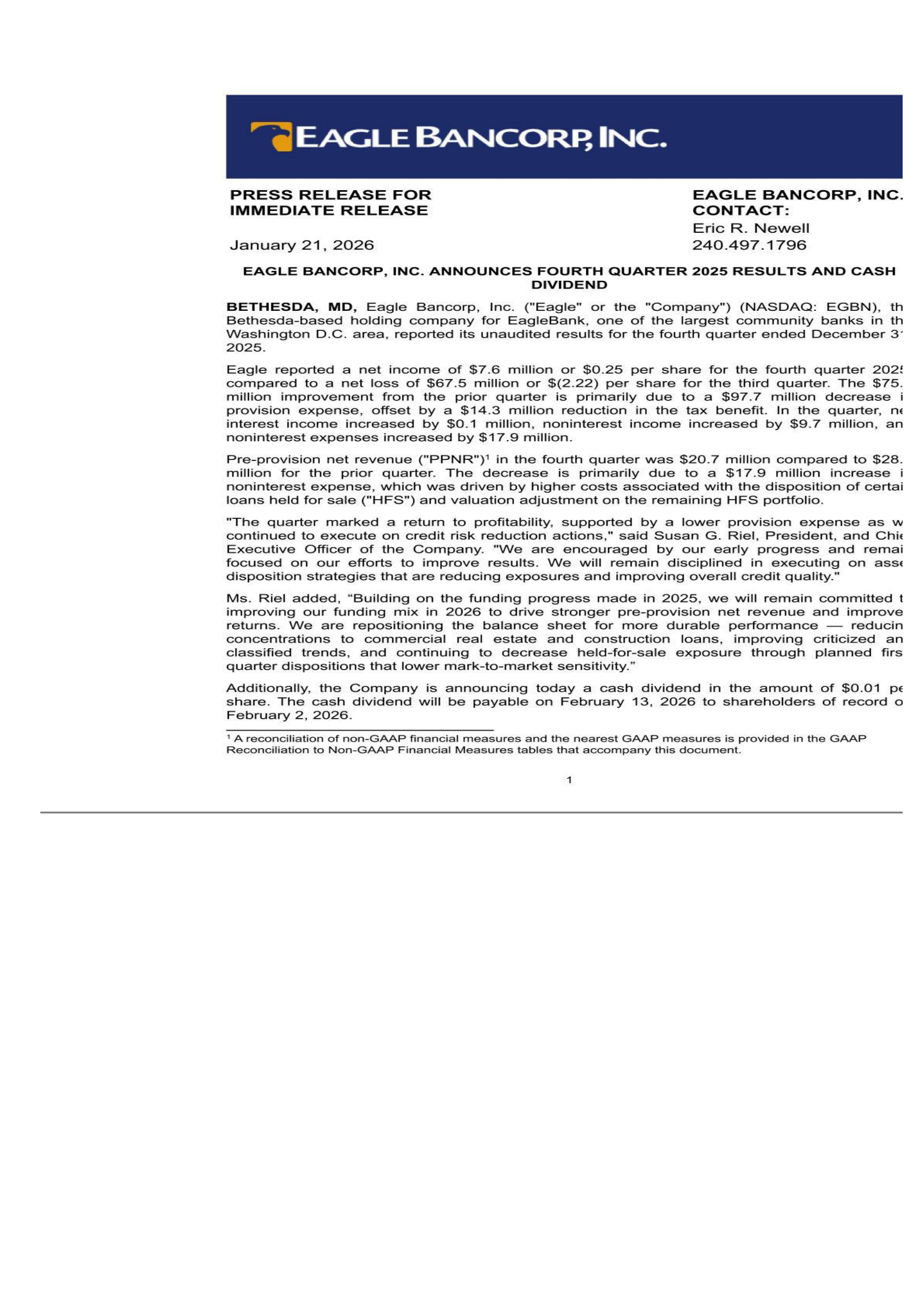 Eagle Bancorp's Q4 2025 Press Release