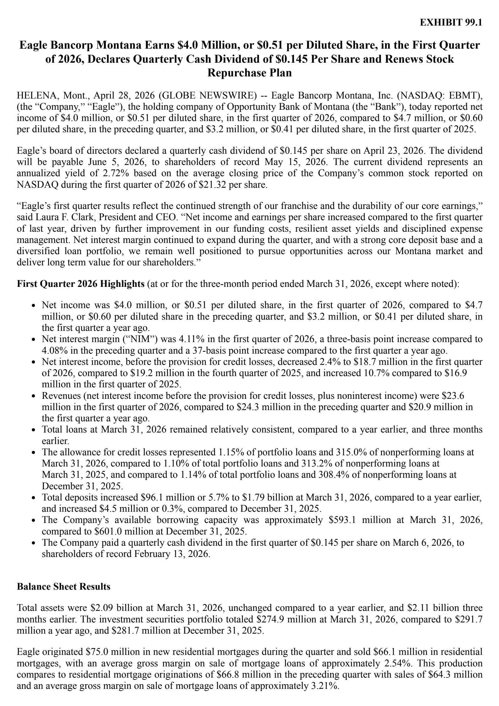 Eagle Bancorp Montana's Q1 2026 Press Release