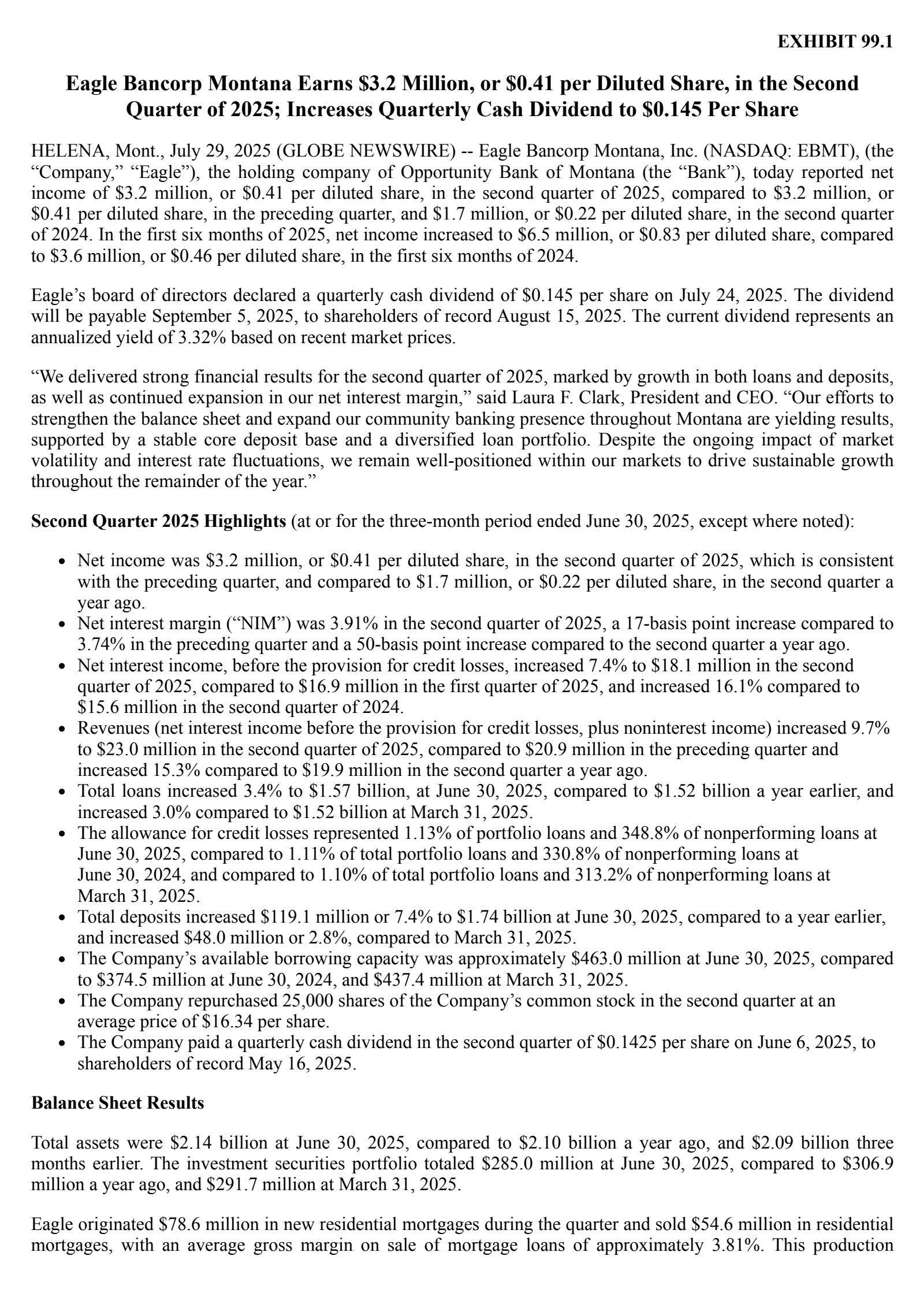Eagle Bancorp Montana's Q2 2025 Press Release