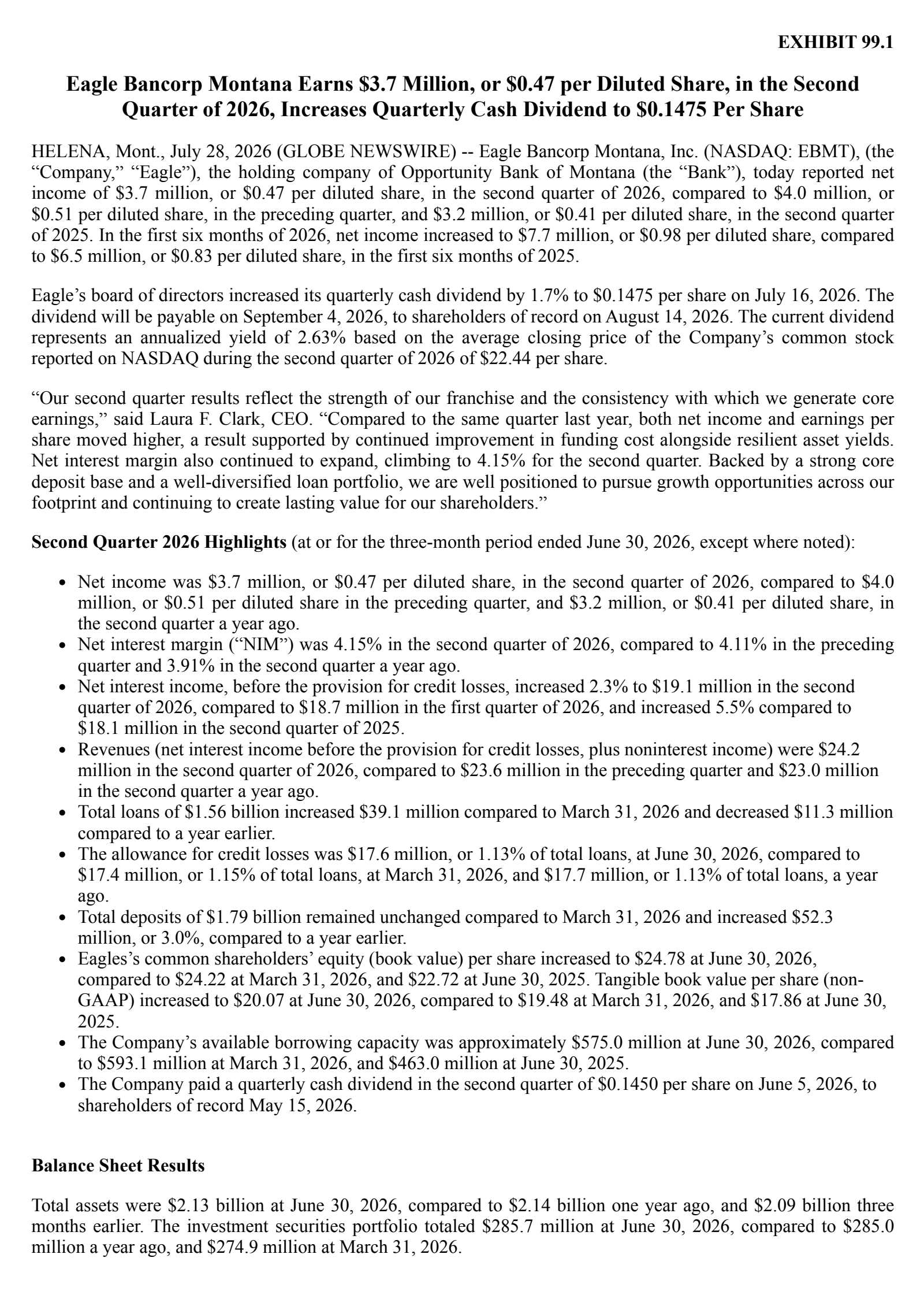 Eagle Bancorp Montana's Q2 2026 Press Release