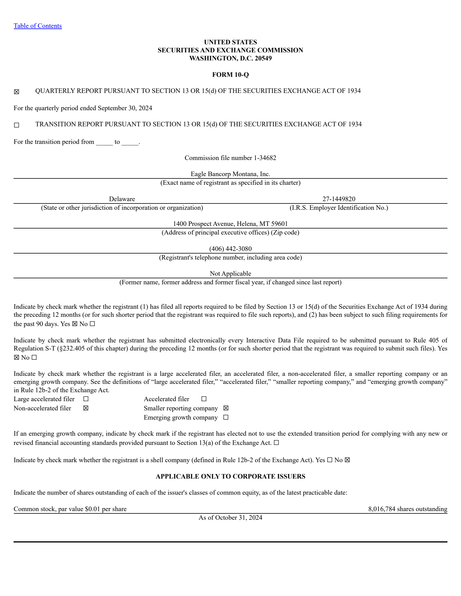 Eagle Bancorp Montana's Q3 2024 Quarterly Report