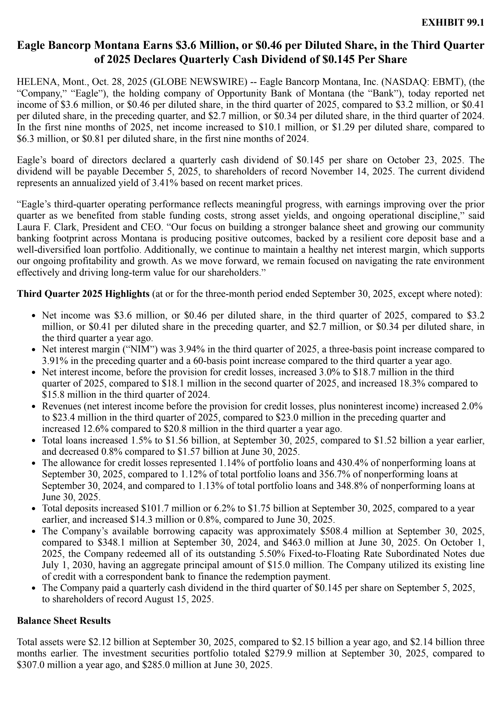 Eagle Bancorp Montana's Q3 2025 Earnings Release