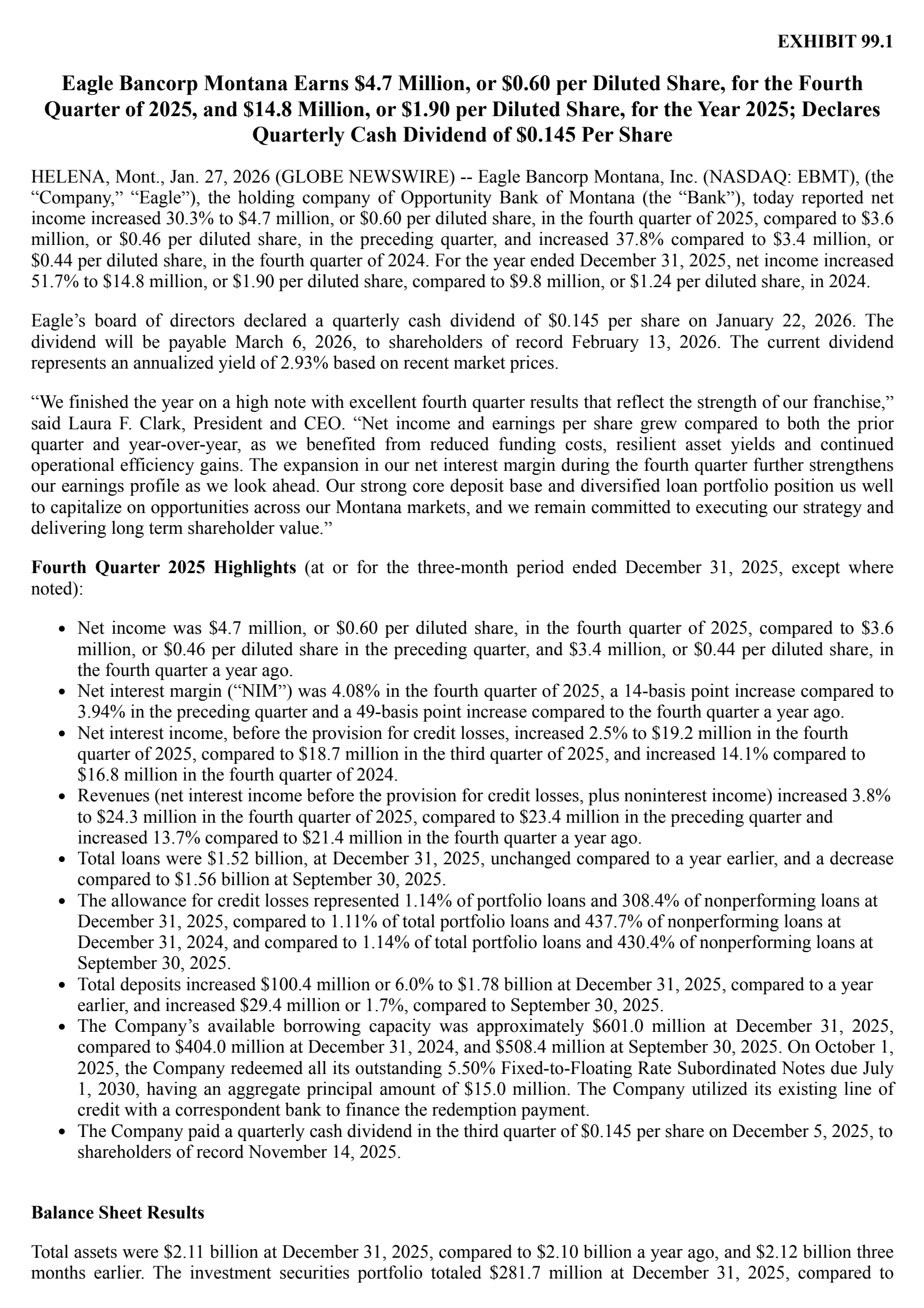 Eagle Bancorp Montana's Q4 2025 Press Release