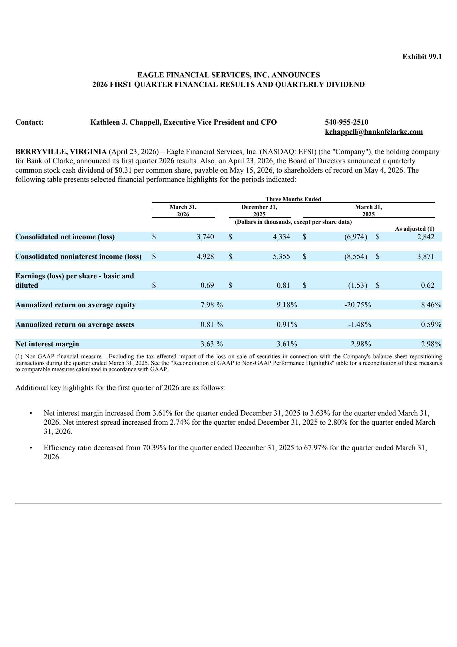 Eagle Financial Services' Q1 2026 Press Release
