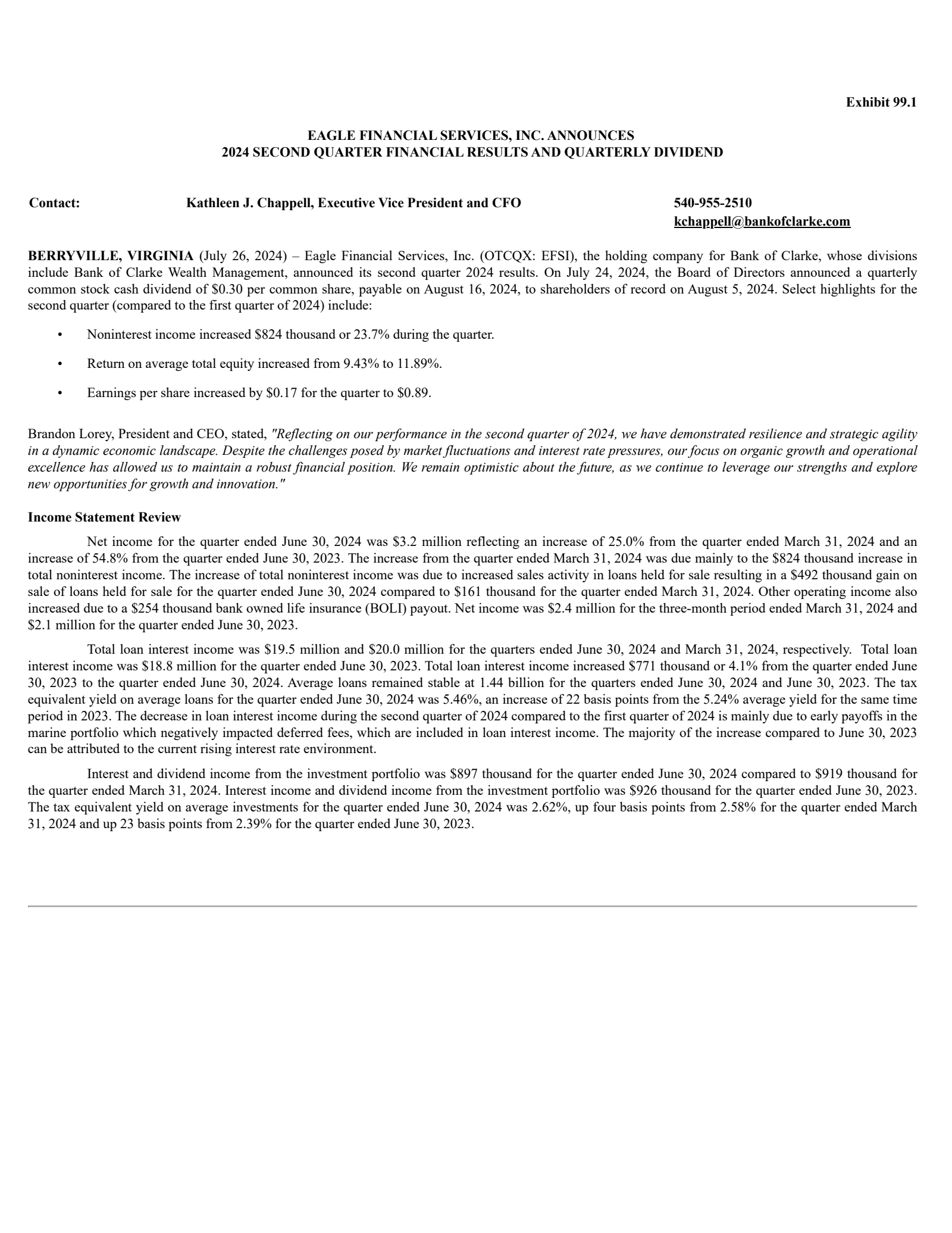 Eagle Financial Services' Q2 2024 Earnings Release
