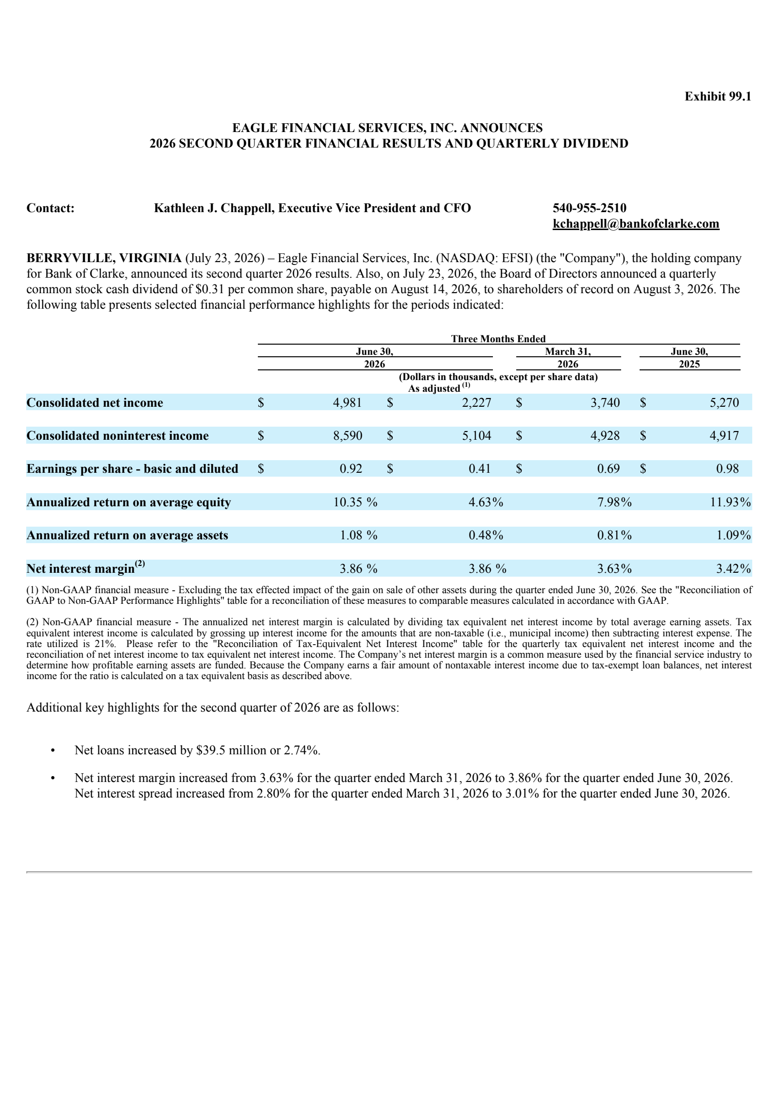 Eagle Financial Services' Q2 2026 Press Release