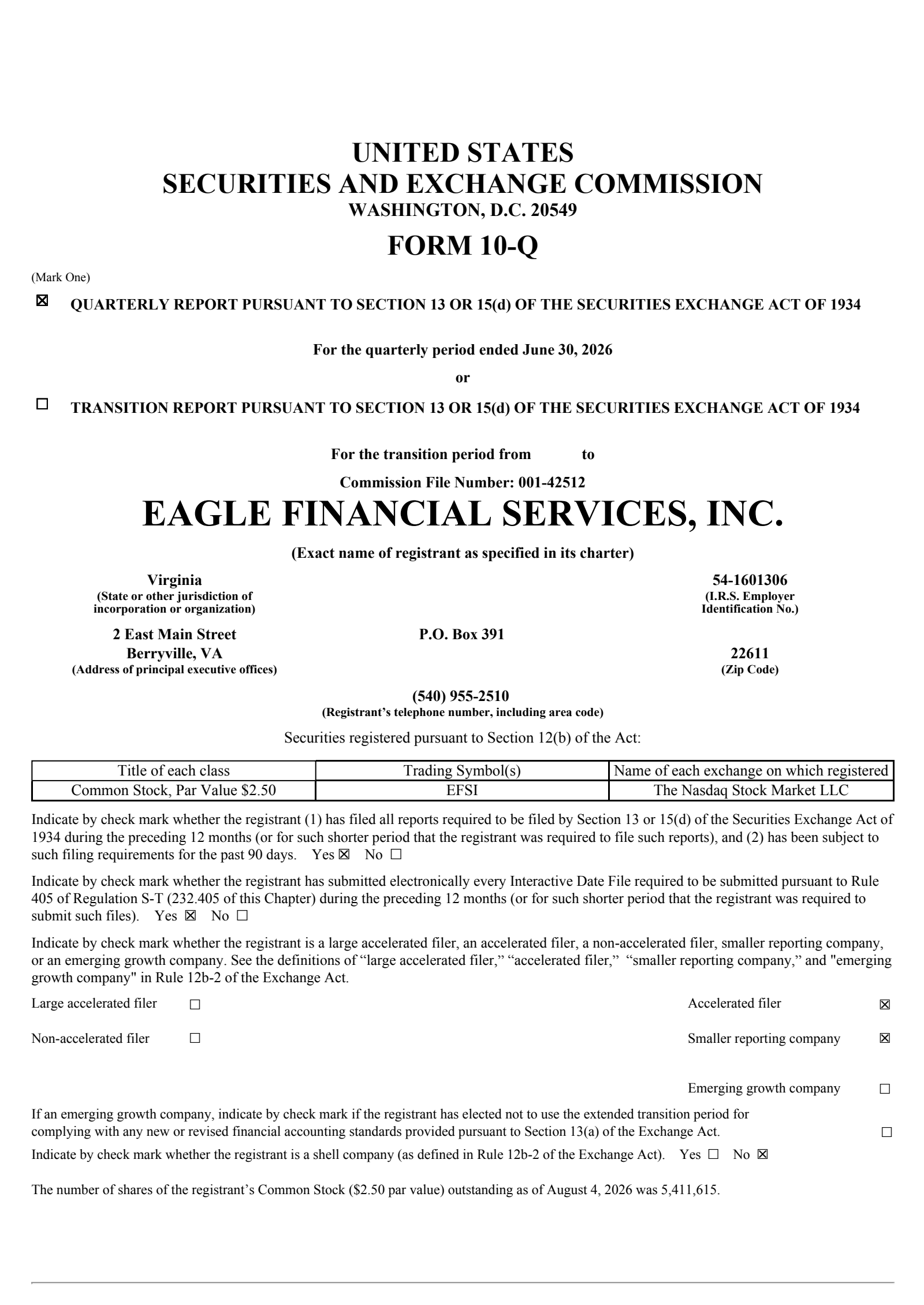Eagle Financial Services' Q2 2026 Quarterly report