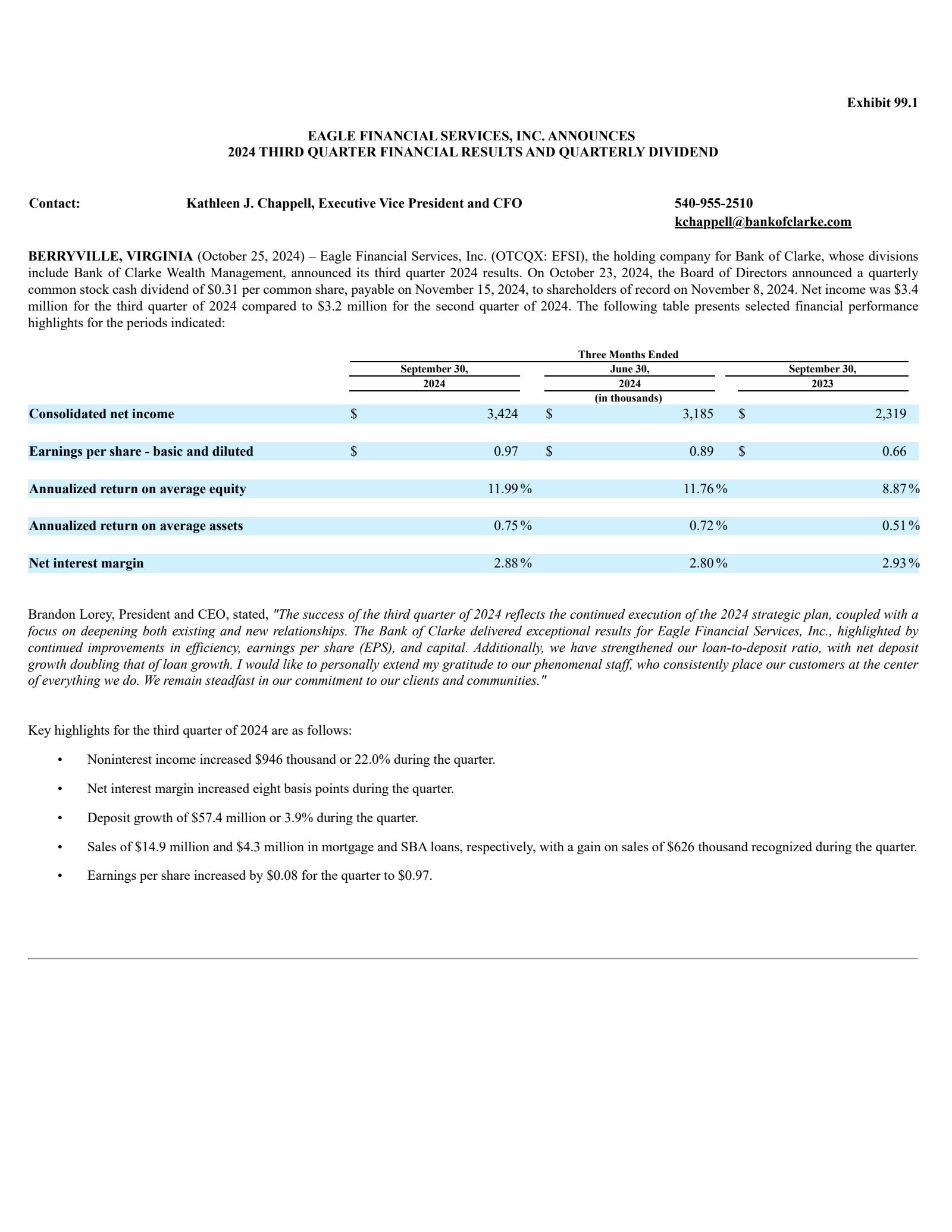 Eagle Financial Services' Q3 2024 Earnings Release