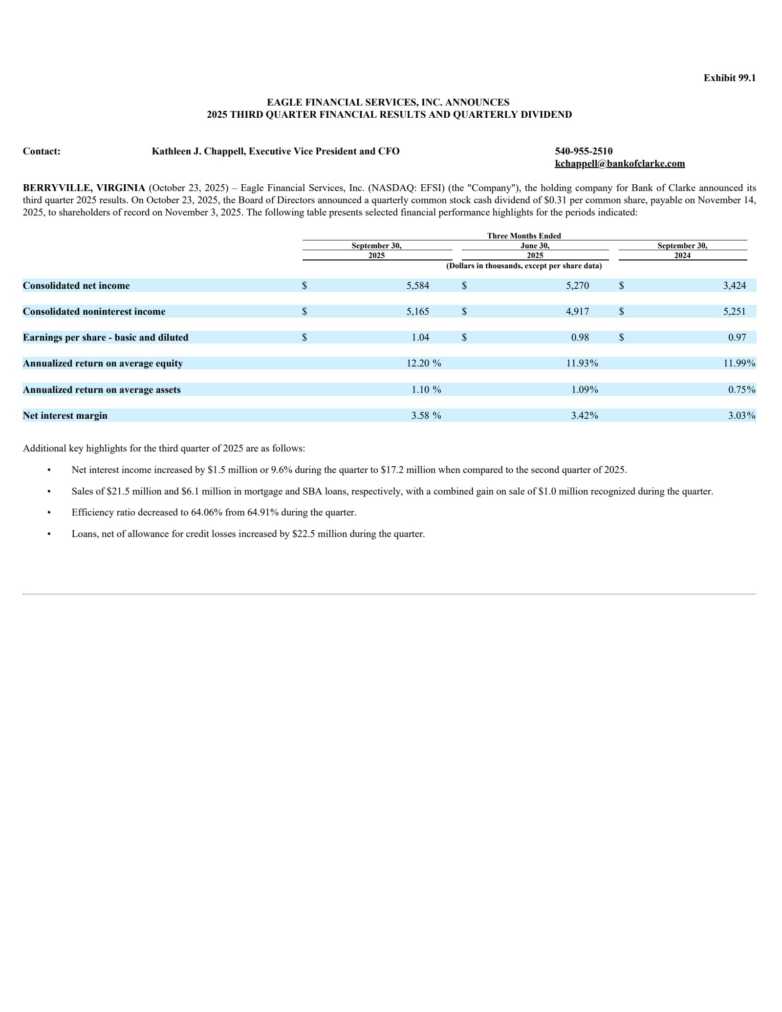 Eagle Financial Services' Q3 2025 Earnings Release