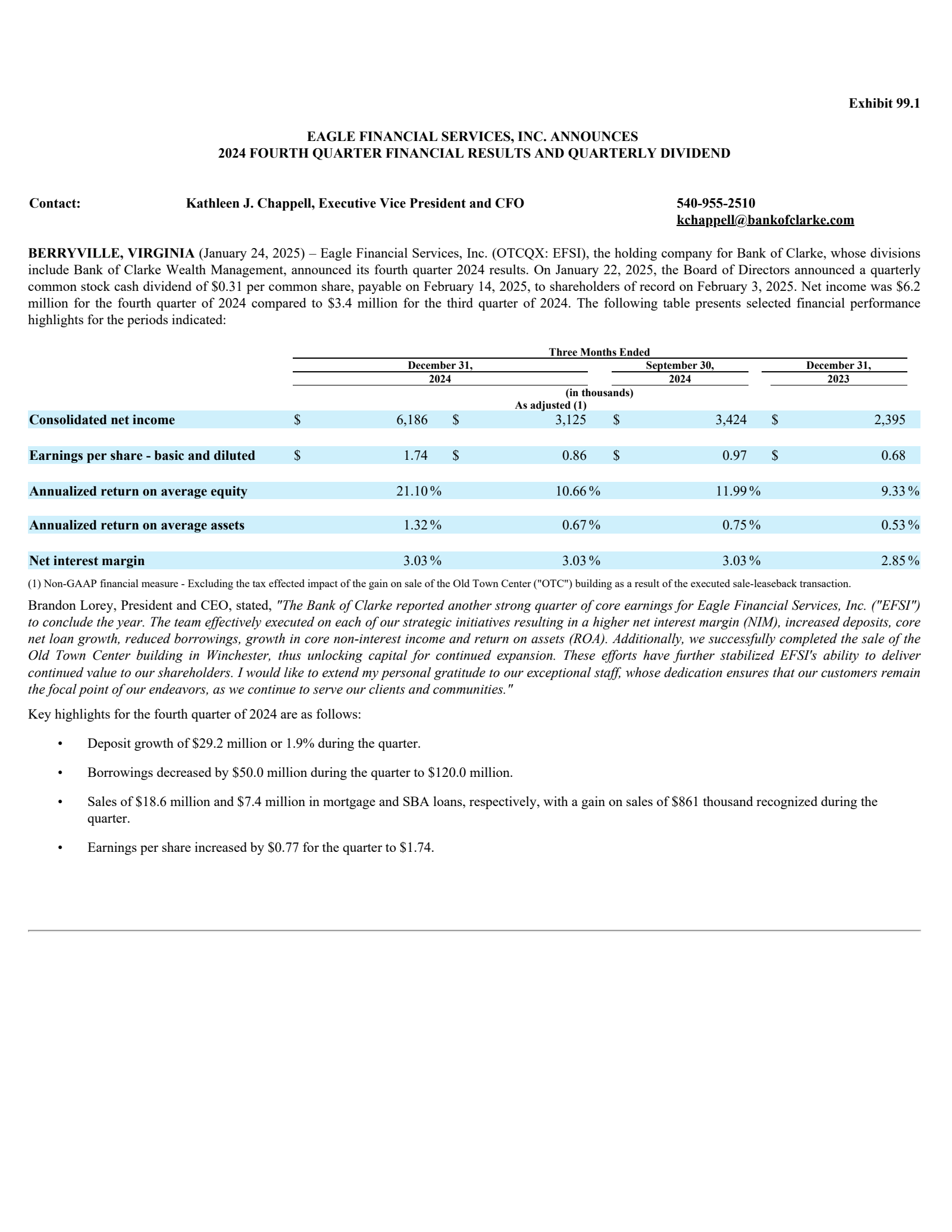 Eagle Financial Services' Q4 2024 Earnings Release