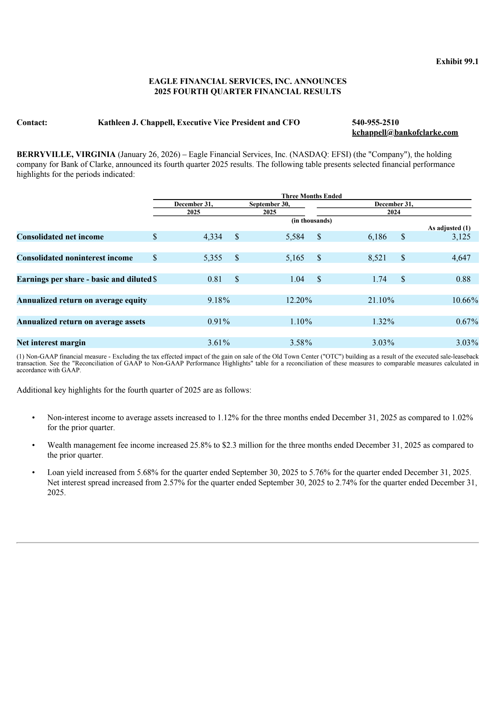Eagle Financial Services' Q4 2025 Press Release