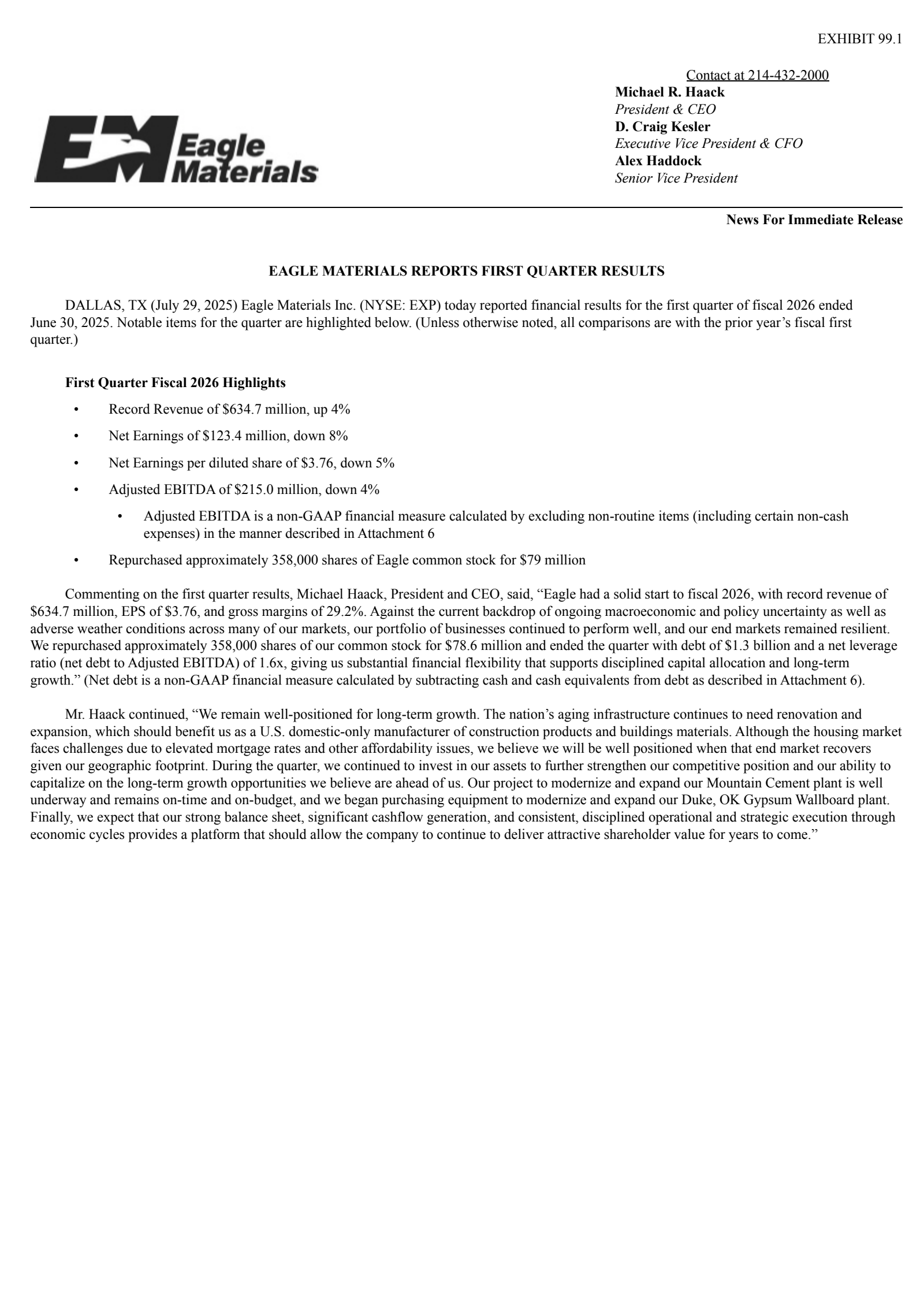 Eagle Materials' Q1 2026 Press Release