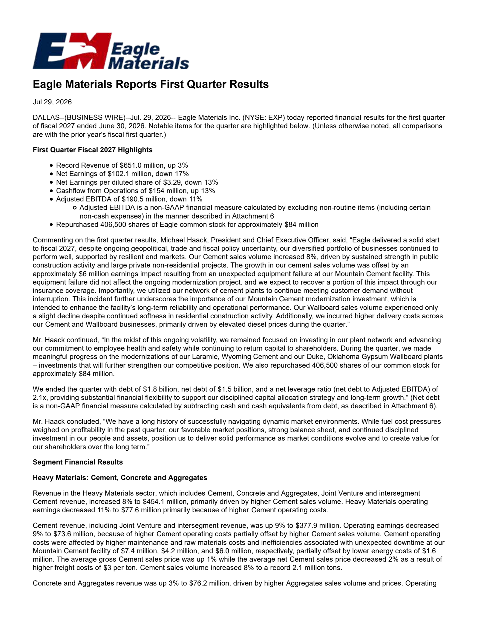 Eagle Materials' Q1 2027 Press Release