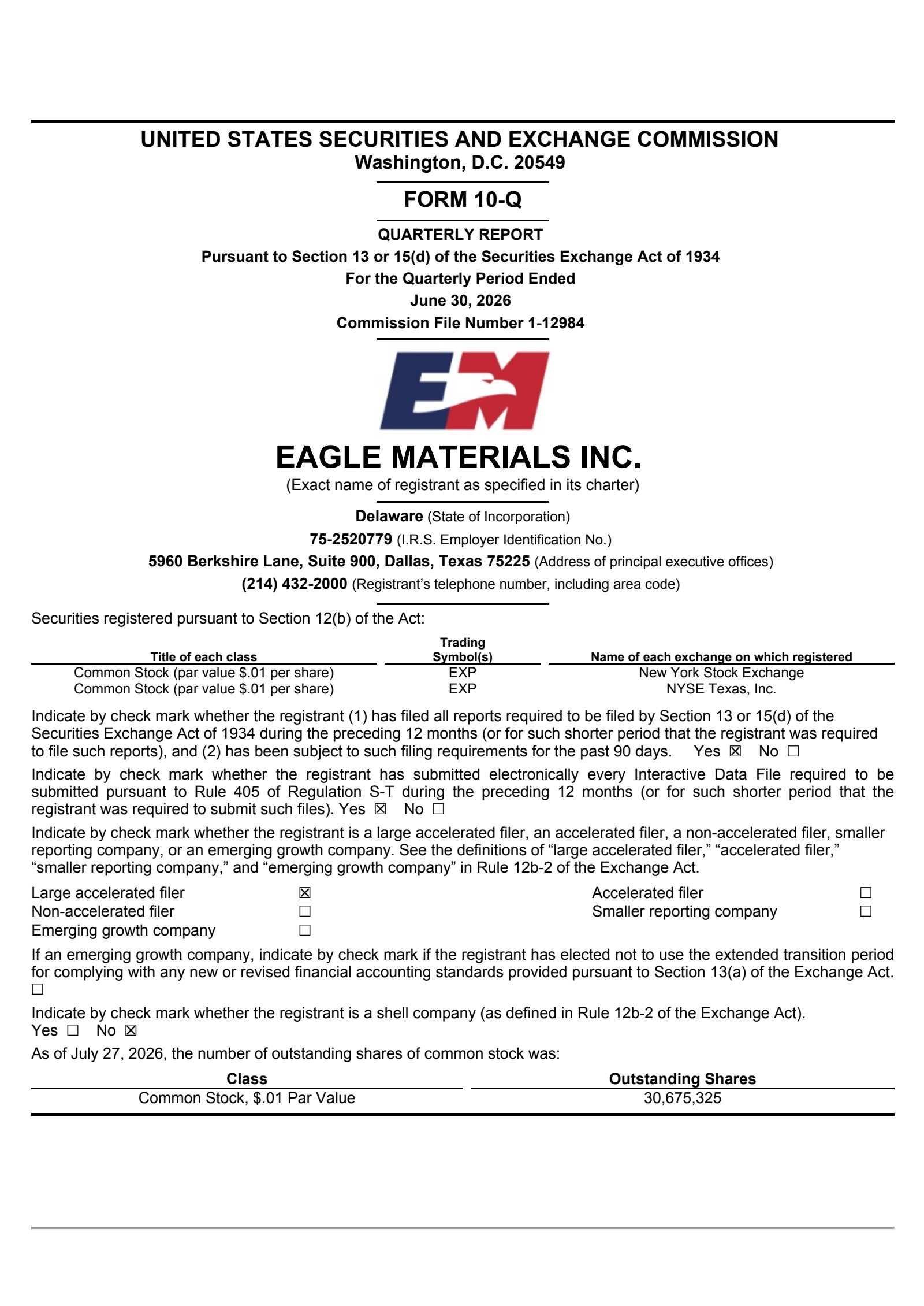 Eagle Materials' Q1 2027 Quarterly report